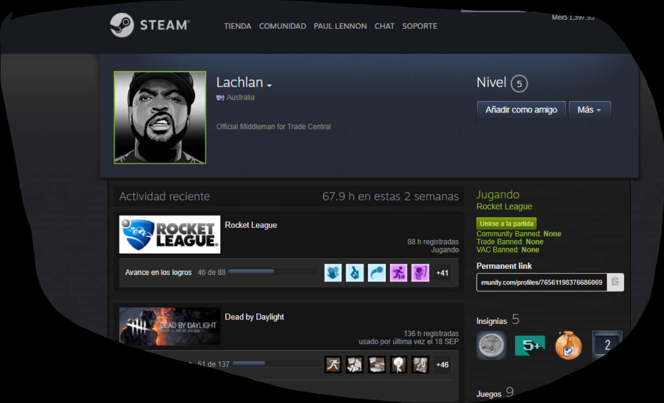 Steam 帳號 Rocket League 遊戲活動 壁紙 — Steam 個人資料頁面，顯示用戶 Lachlan 正在玩 Rocket League 和 Dead by Daylight，並附有最近的活動統計數據。