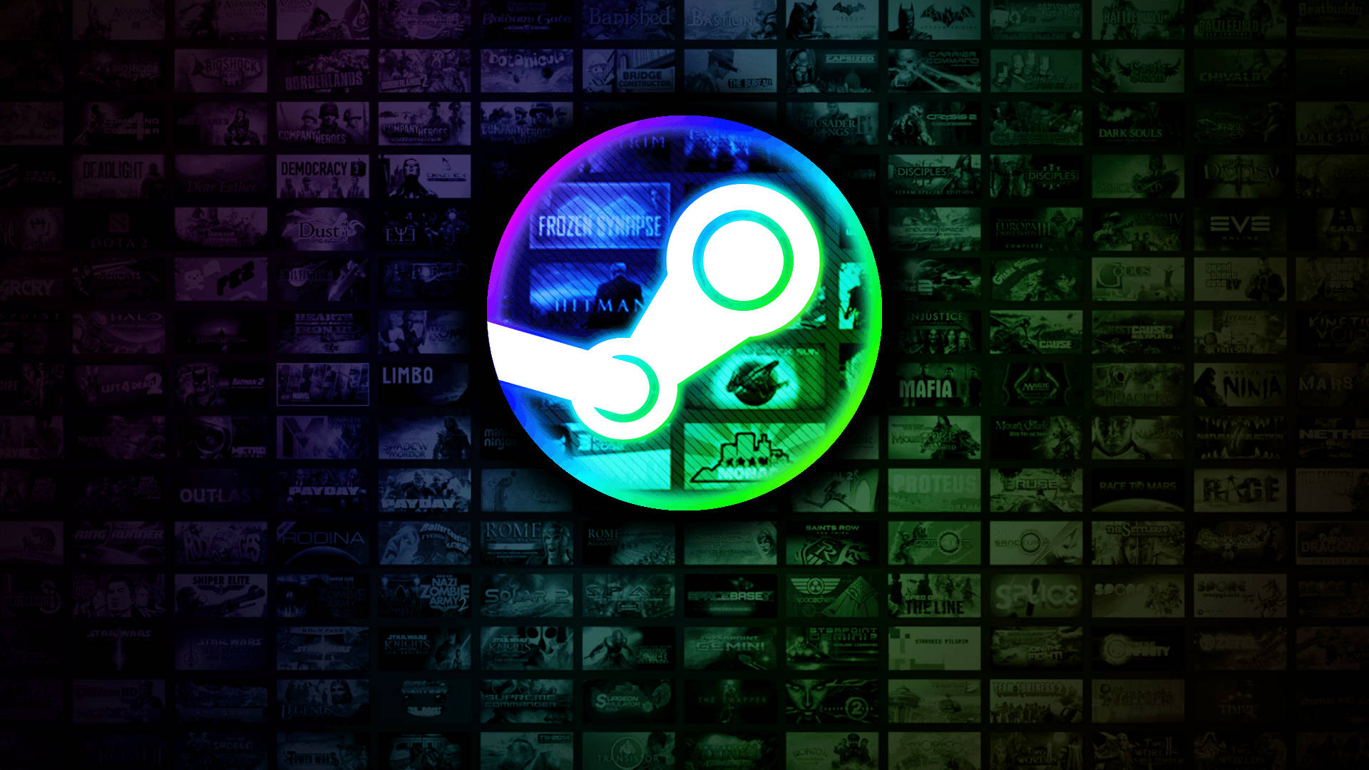 病態Steam標誌 壁紙 — 發光的霓虹綠色和藍色 Steam 標誌在黑暗的遊戲縮圖牆上脈動。