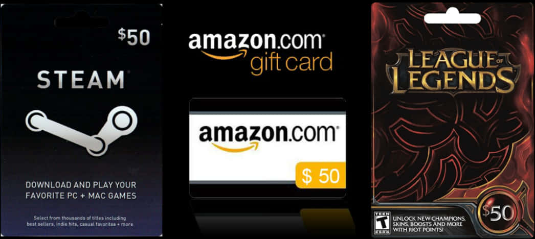 Steam、Amazon、League of Legends $50 禮品卡 壁紙 — 三張價值 50 美元的 Steam、Amazon 和 League of Legends 數位禮品卡在深色背景上並排展示。