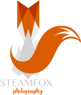 STEAMFOX 攝影標誌 壁紙 — 一個風格化的幾何狐狸標誌，採用橙色和白色，具有銳利的角形和流暢的尾巴。