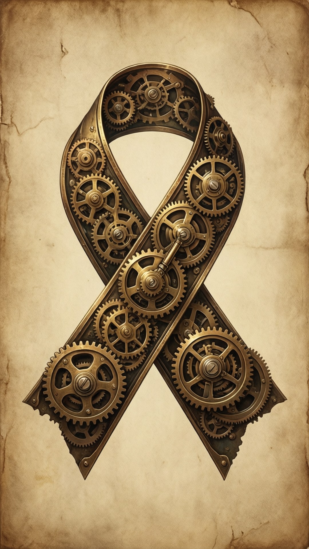 Steampunk Machinery 壁紙 — 一款以黃銅齒輪交錯製成的蒸氣龐克風格關注絲帶，置於仿舊羊皮紙上。