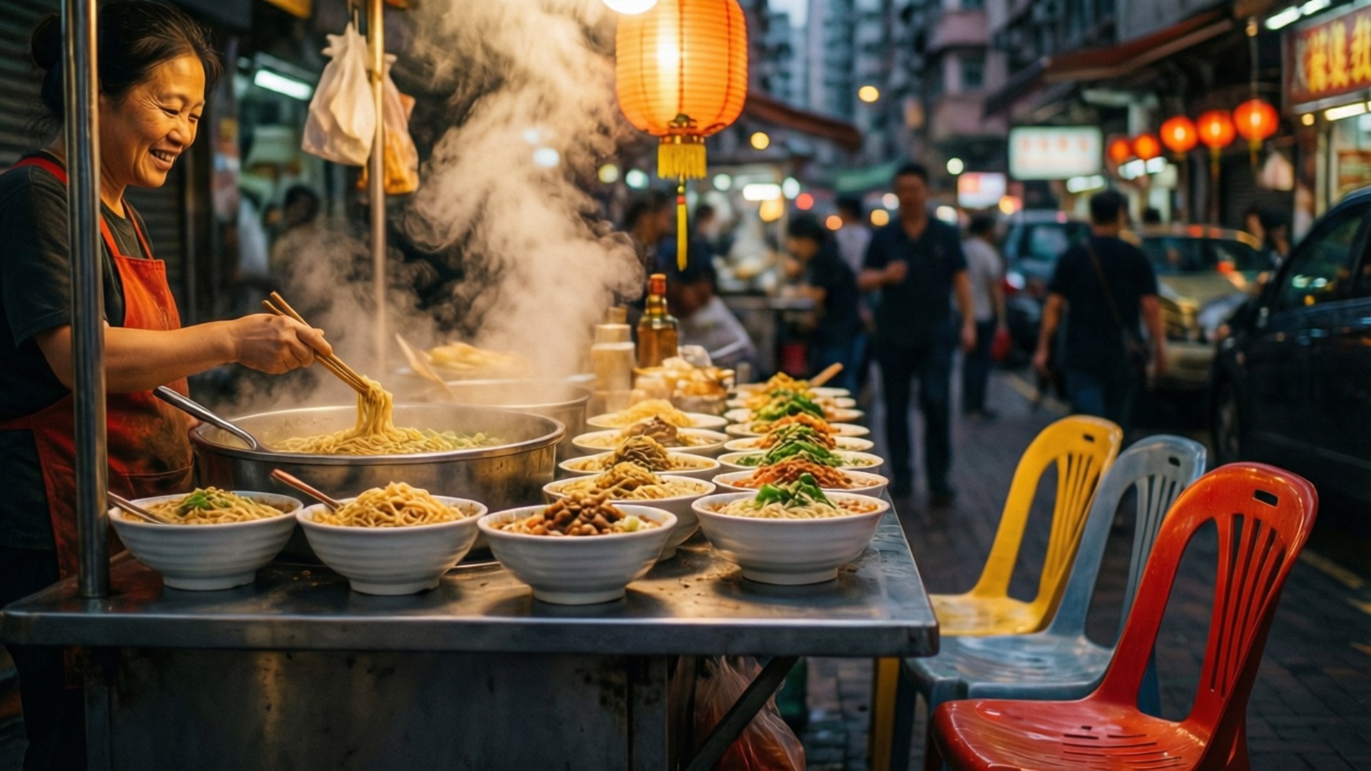 充滿誘人氣息與氛圍的香港街頭美食場景，位於旺角熱鬧的夜市之中。