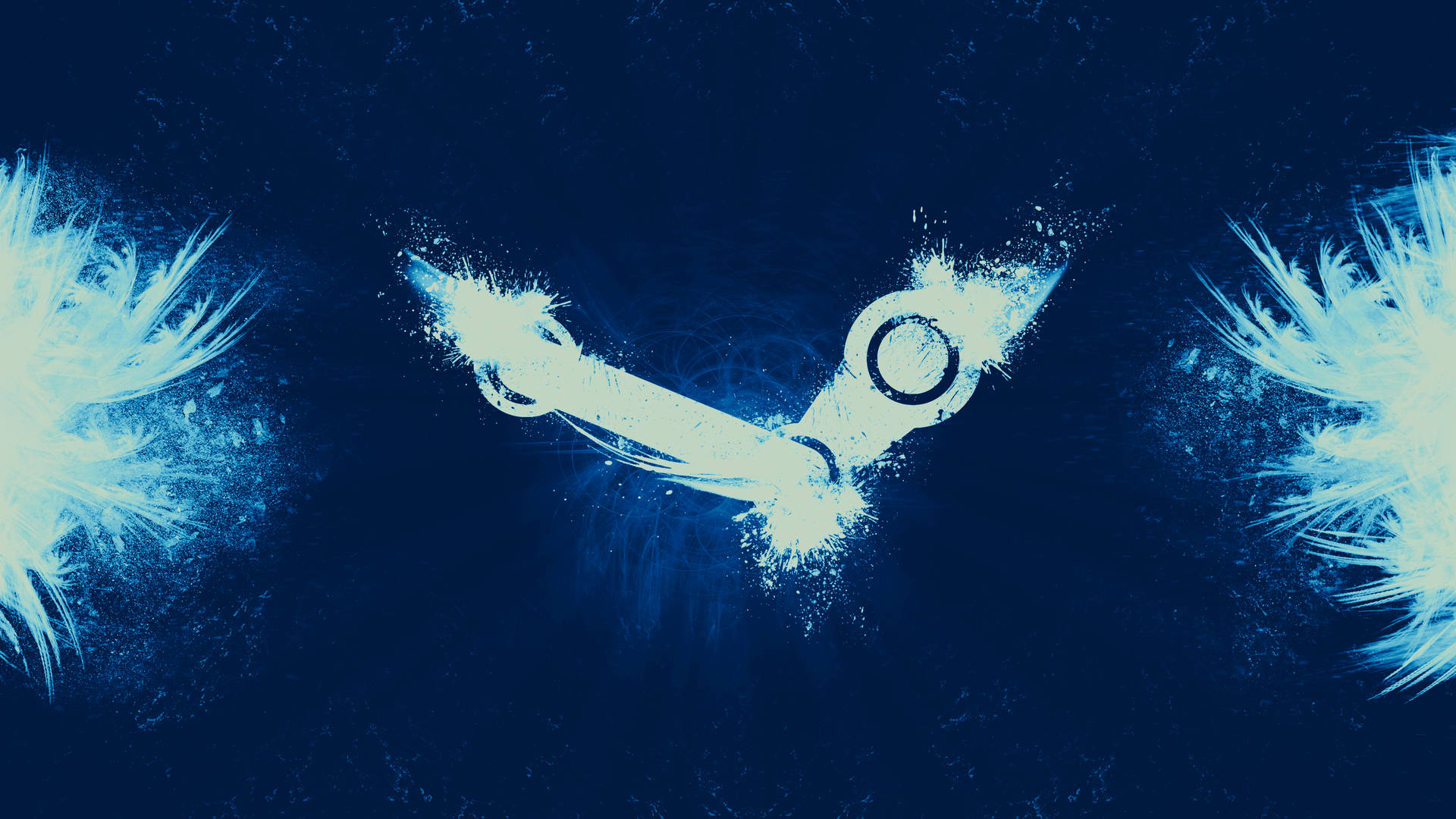 深藍色背景上發光的白色 Steam 標誌，帶冰霜羽毛爆發