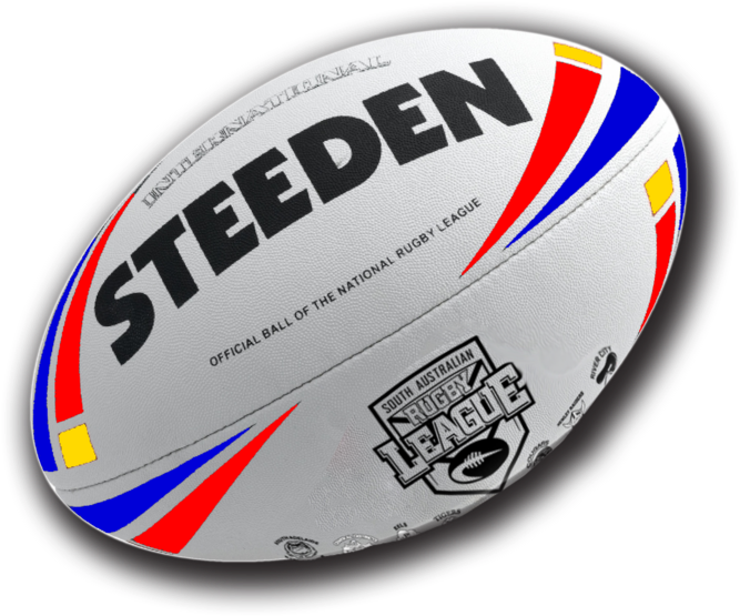 Steeden 橄欖球聯賽球 壁紙 — 一個白色Steeden欖球，帶有紅、藍、黃色條紋及南澳洲欖球聯盟標誌，背景為黑色。