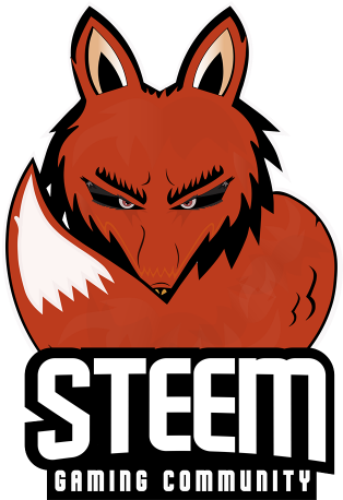 Steem Gaming Community 紅狐標誌 壁紙 — 一隻風格化的紅狐，帶有憤怒的眼睛和白色尖耳朵，在黑色背景上向下凝視，下方有 'STEEM GAMING COMMUNITY' 文字。