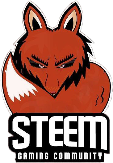 Steem Gaming Community 紅狐標誌 壁紙 — 一隻風格化的紅狐，擁有銳利的眼睛和白色尖耳朵，在黑色背景上強烈凝視，下方有 'STEEM GAMING COMMUNITY' 文字。