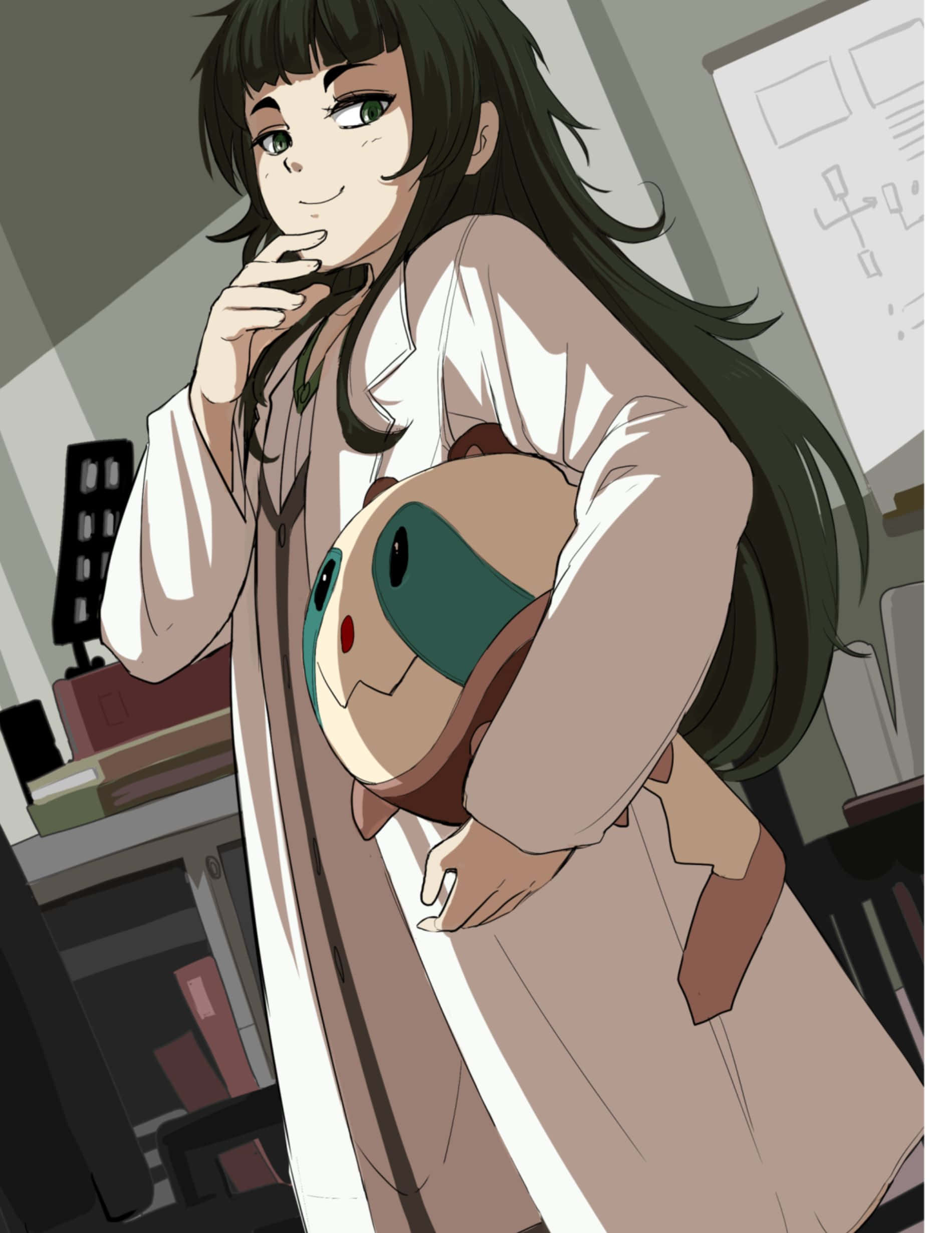 比屋定真帆 - Steins;Gate 0 角色 壁紙 — 一個微笑的動漫女孩穿著實驗室外套，在雜亂的辦公室裡抱著一個毛絨玩具。