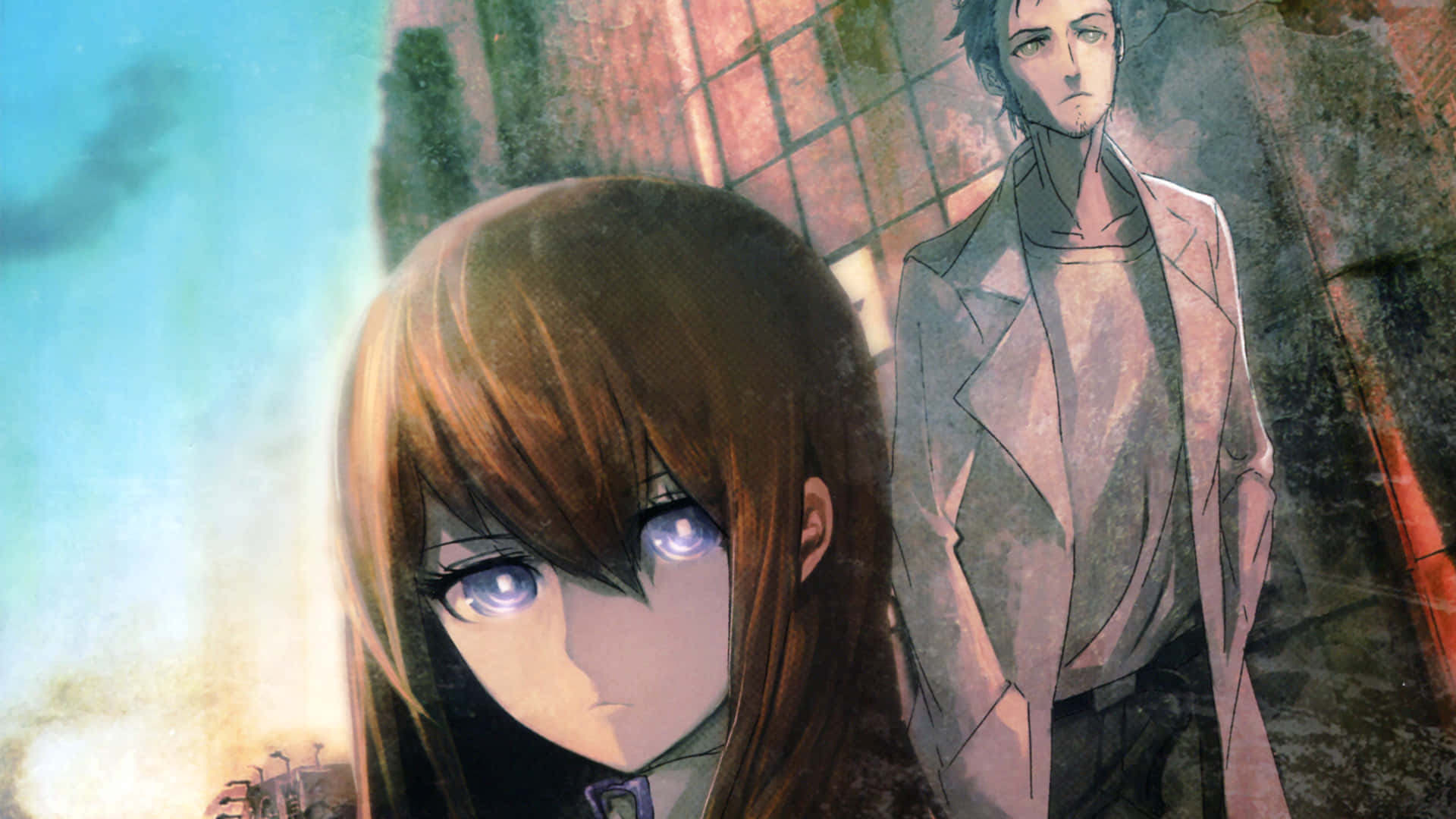 《Steins;Gate》宇宙中的時間線交織 壁紙 — 一個憂鬱的動漫女孩，眼睛發光，凝視前方，而一個陰沉的男孩站在她身後，在一條骯髒的城市小巷裡。