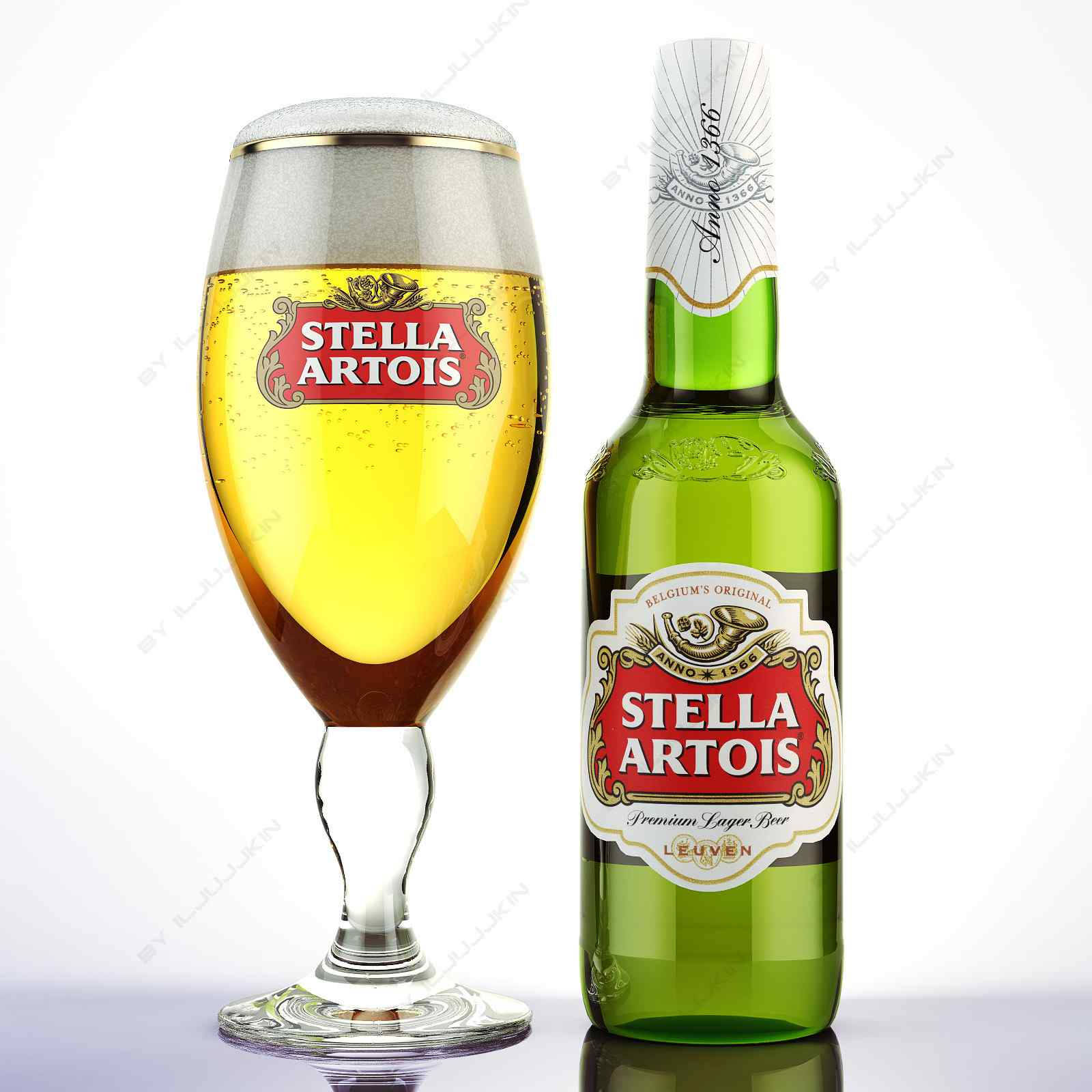 Stella Artois 拉格啤酒 壁紙 — 一個清脆的Stella Artois啤酒瓶和裝滿金色氣泡拉格啤酒的玻璃杯，背景是乾淨的白色。