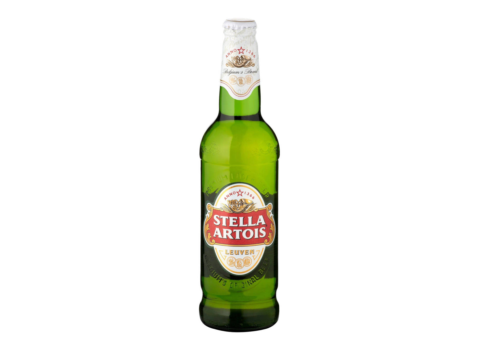 Stella Artois 啤酒瓶，綠色玻璃，紅金標籤，白色背景