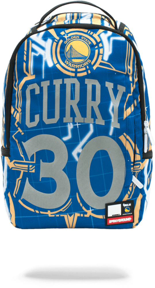 Steph Curry30 Golden State Warriors Backpack 壁紙 — 藍色和金色的金州勇士 Curry 30 主題背包，帶有粗體字體和球隊標誌。