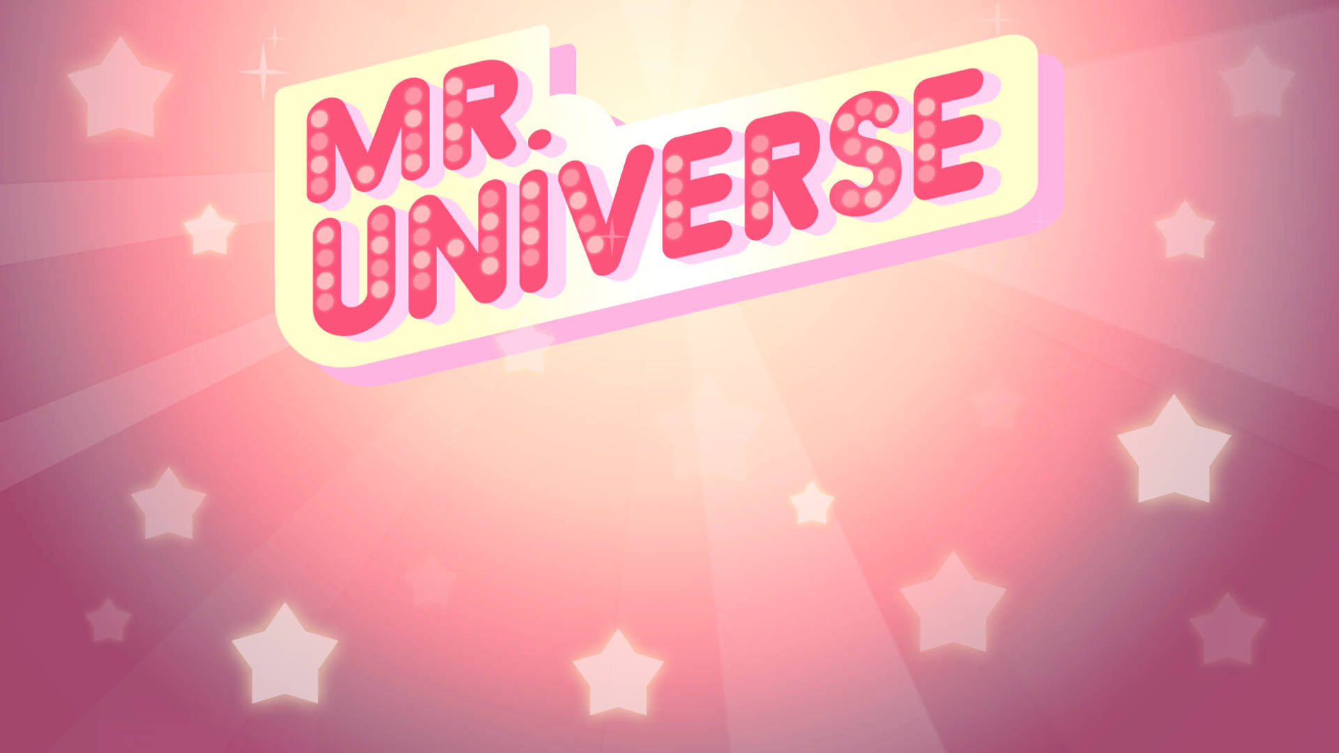 《Steven Universe》遊戲標題 iPad 壁紙 — 充滿活力的粉紅色漸變背景，帶有發光的星星和一個大膽的霓虹燈牌，上面用泡泡字體寫著「MR. UNIVERSE」。