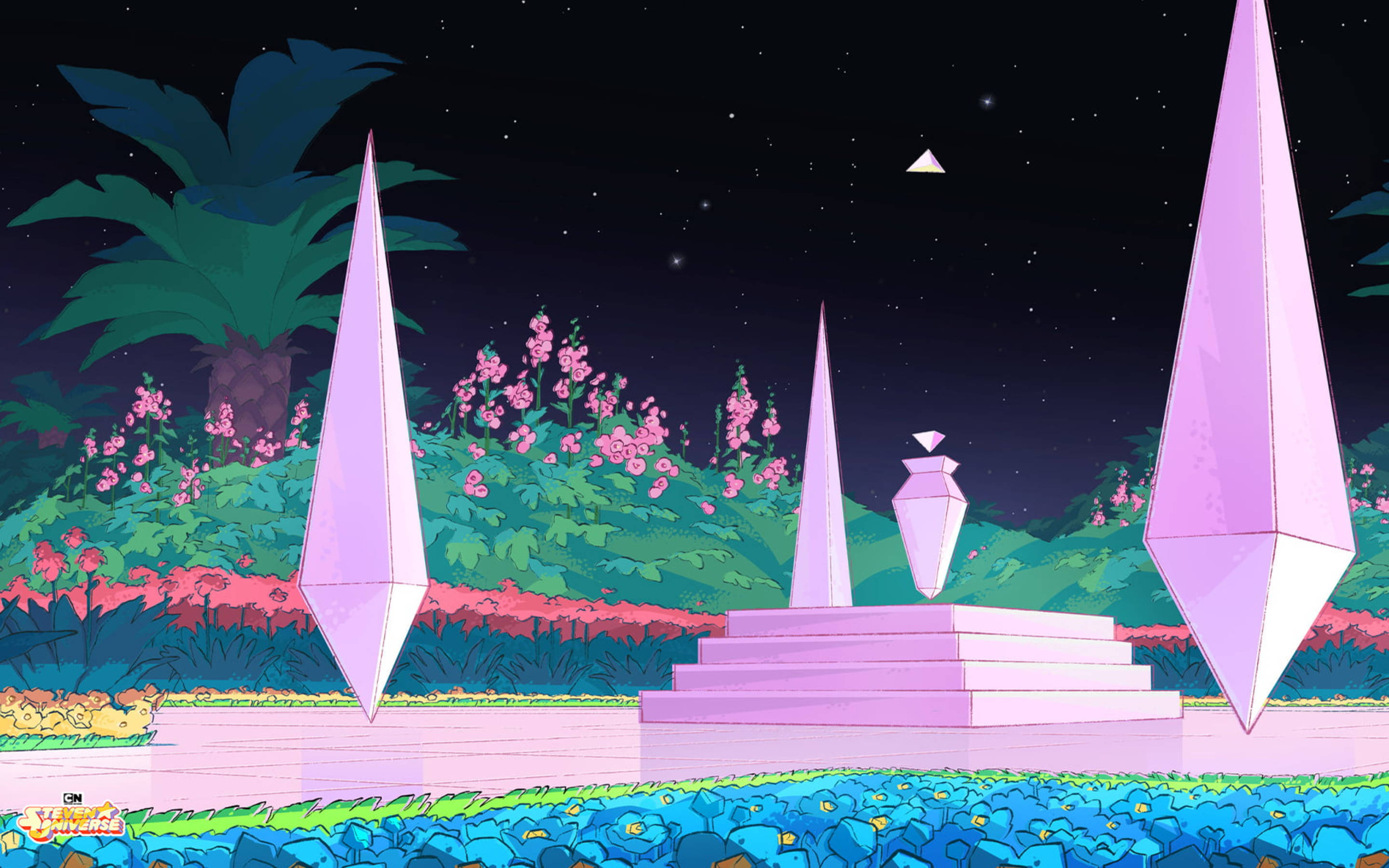 動畫《Steven Universe》魔法之地 壁紙 — 星空下茂密花園中發光的粉紅色幾何紀念碑的充滿活力的夜景。