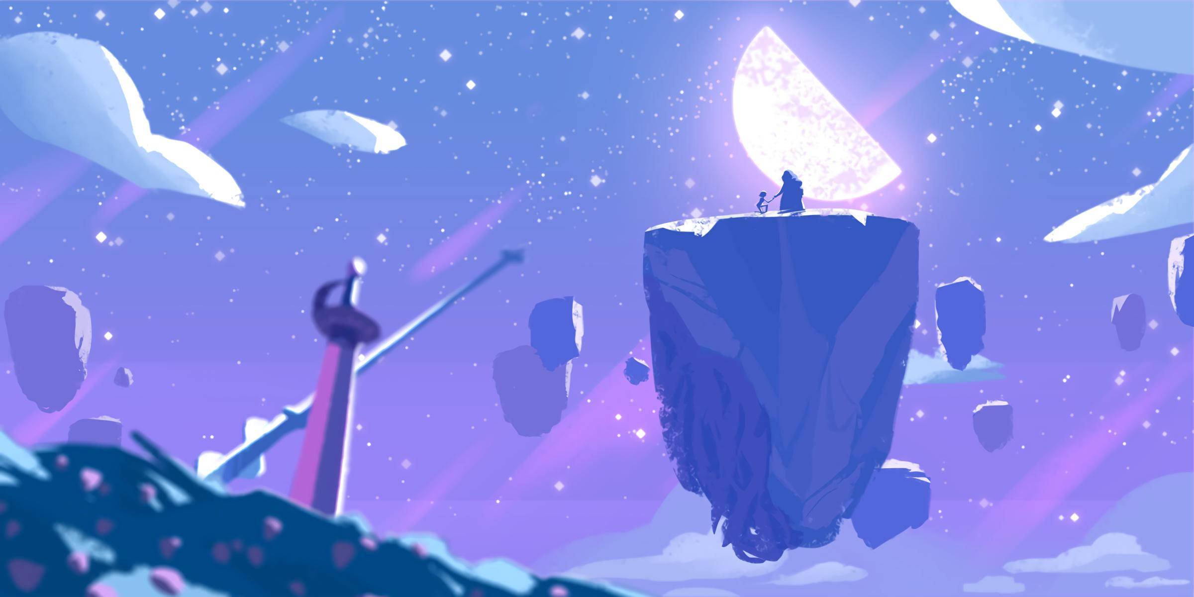 《Steven Universe》紫粉天空 iPad 壁紙 — 一個孤獨的身影站在浮動的紫色岩石上，下方有新月和星空，浮動的石頭和發光的塔。