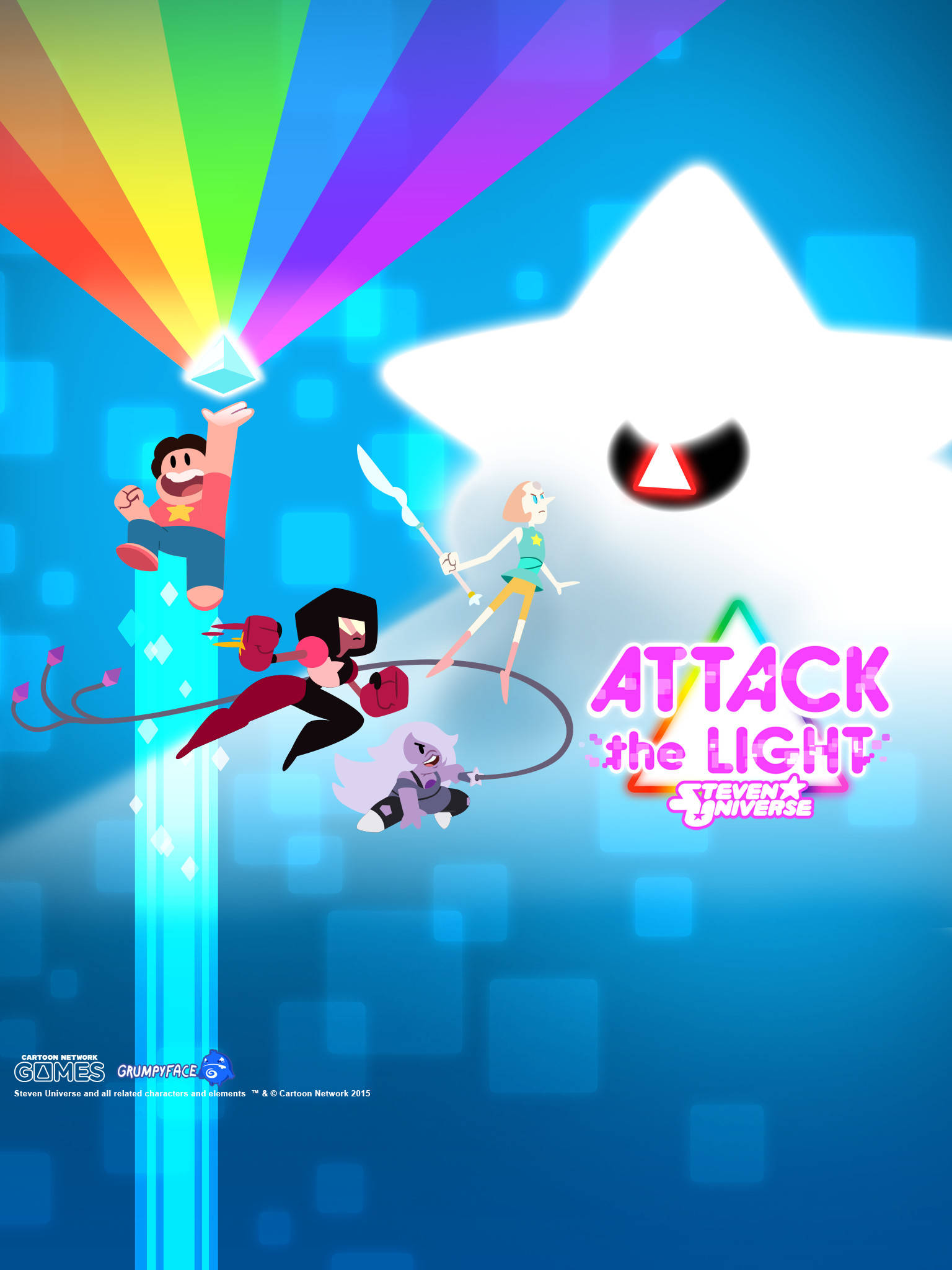 《Steven Universe》遊戲《Attack The Light》iPad 壁紙 — 四個動畫角色在充滿活力的藍色數位場景中，用彩虹光束對抗一顆巨大的發光星星。