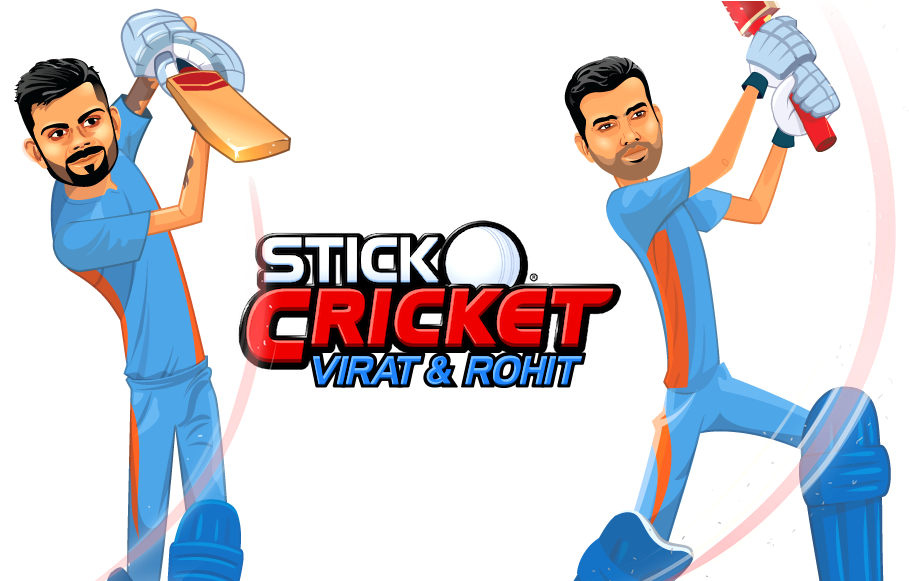 Stick Cricket 球員插畫 壁紙 — 兩名身穿藍色球衣的卡通板球運動員在黑色背景上揮動球棒，並帶有粗體遊戲標題文字。