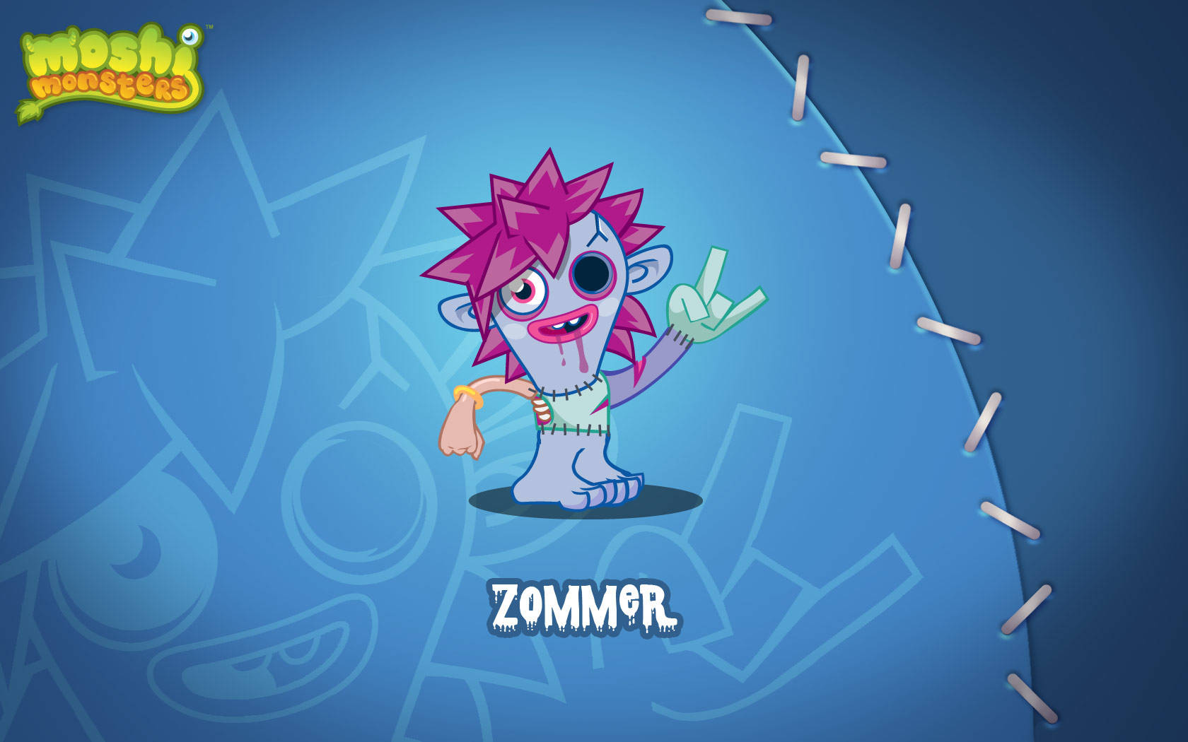 粉紅色頭髮的殭屍怪物 Zommer 比出和平手勢。