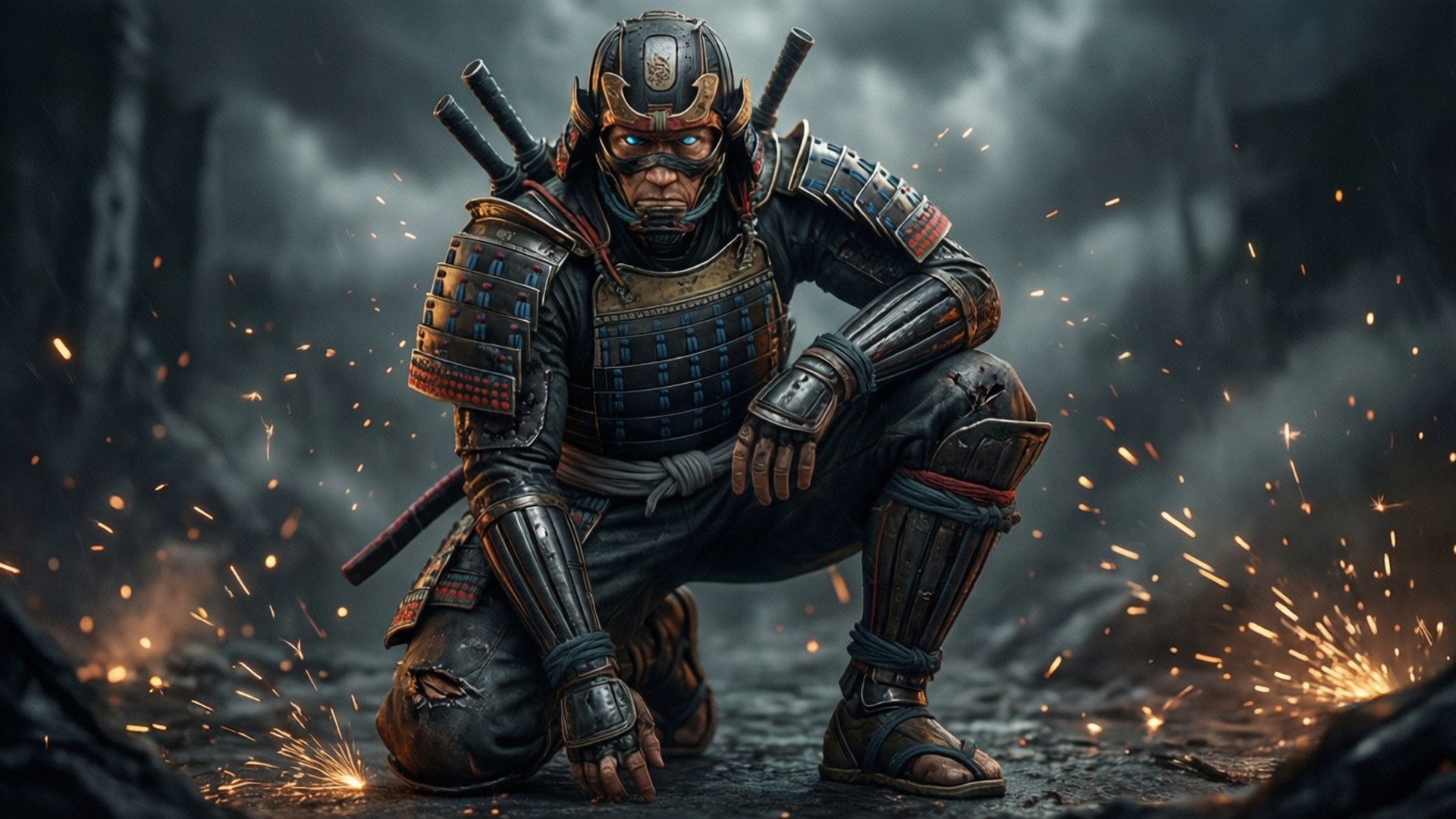 全副武裝的武士戰士蹲伏著，火花在他周圍飛舞，背景是風暴戰場。