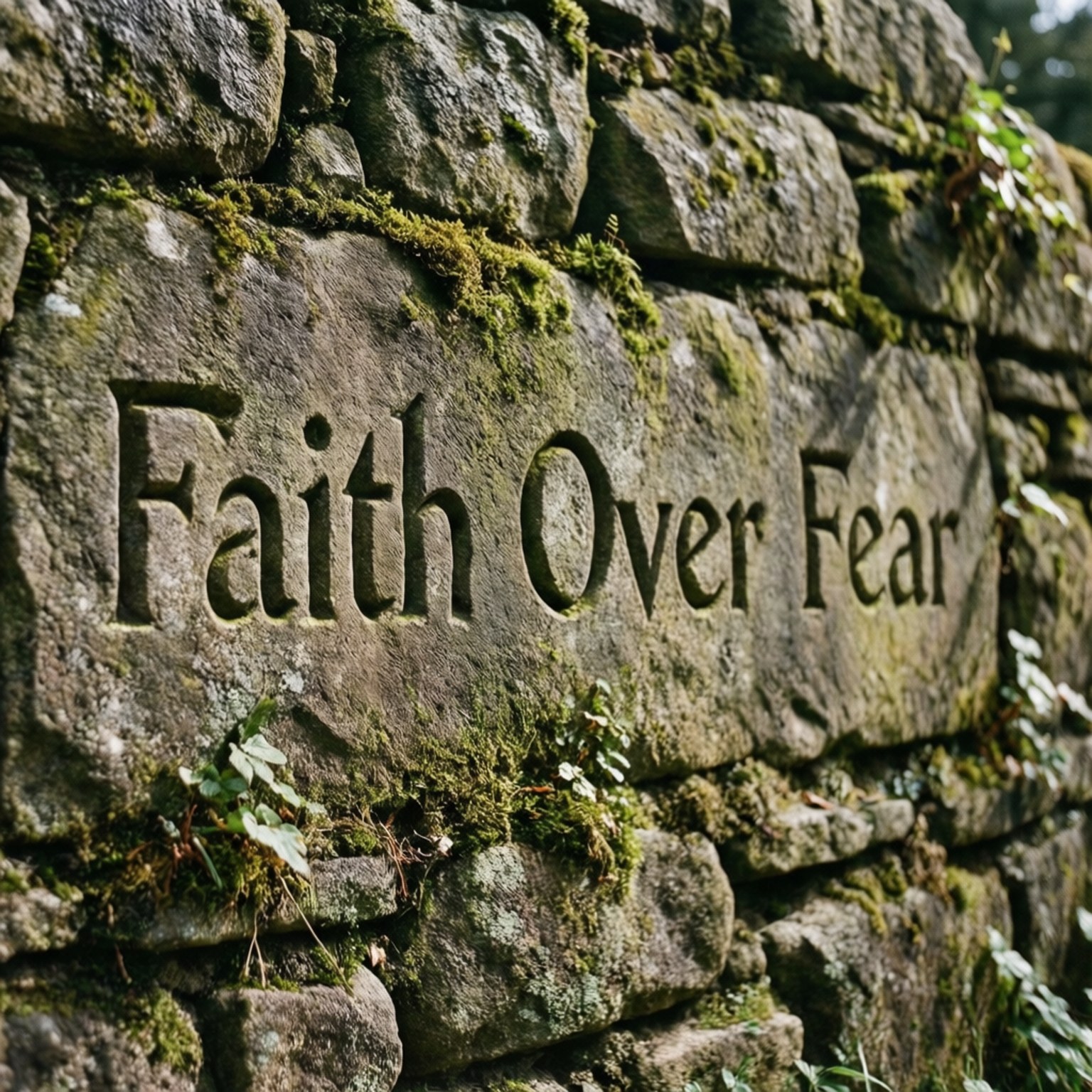 帶有苔蘚的石牆，刻有 faith over fear 字樣