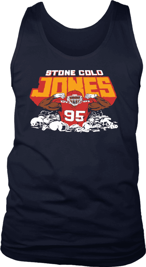 Stone Cold Jones 足球運動員背心 壁紙 — 一件海軍藍背心印有醒目圖案，描繪一位名叫 Stone Cold Jones 的足球員，身穿紅色球衣，用拳頭壓碎頭盔。