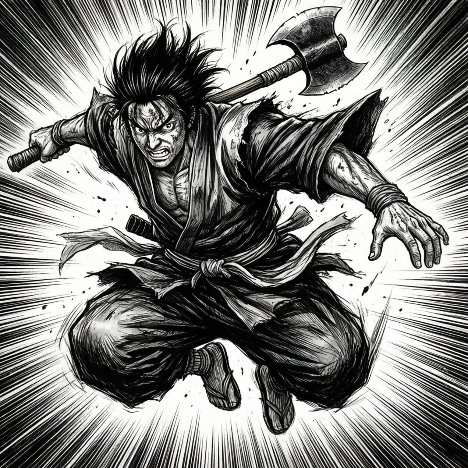 一個黑白漫畫風格的武士戰士，手持斧頭，以動態戰鬥姿勢跳躍。
