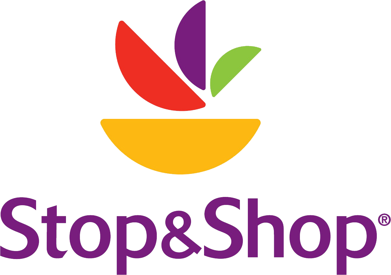 Stop&Shop 商標 壁紙 — 一個色彩繽紛的抽象標誌，在黑色背景上，黃色碗上方有紅色、紫色和綠色的葉子形狀，並有紫色文字。