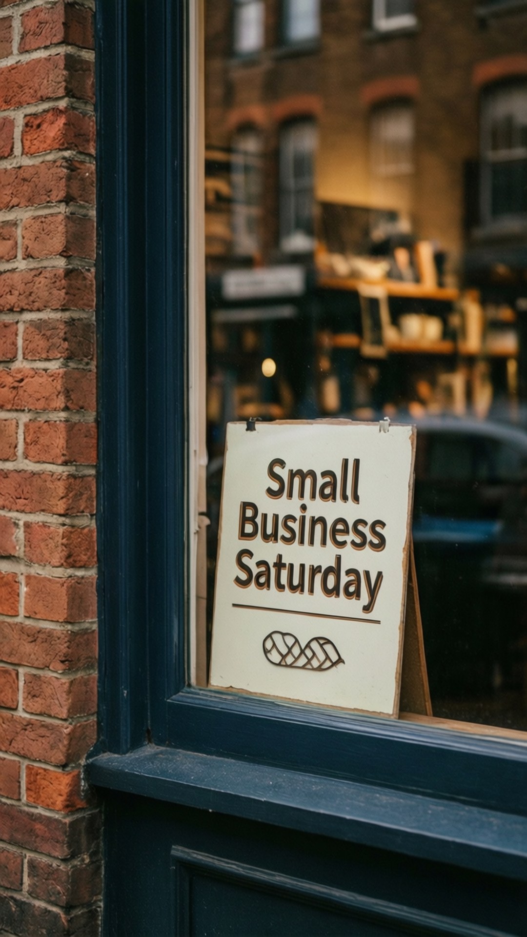 一塊寫有「Small Business Saturday」的木製標牌，位於有磚牆和藍色框架的商店櫥窗中。