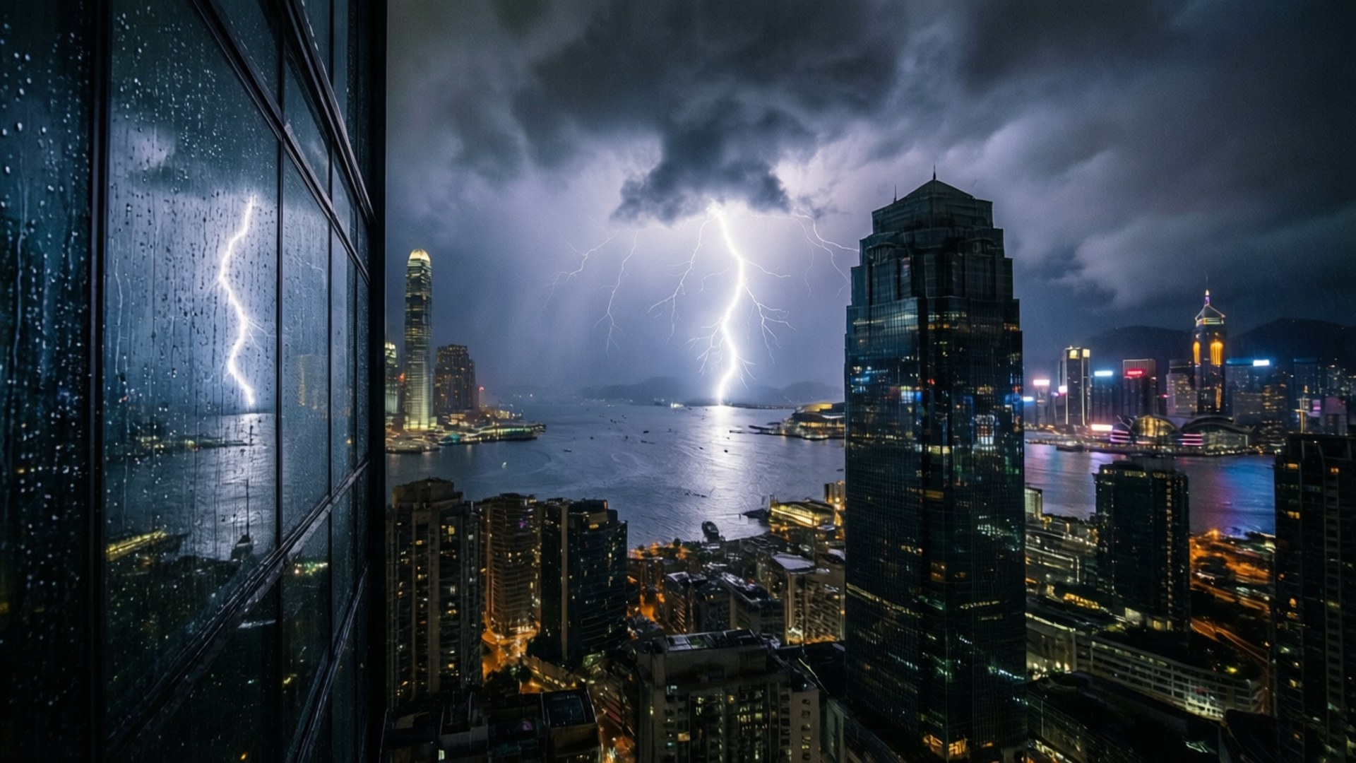 維多利亞港上空神秘暴風，閃電交加，城市燈光在雨幕中閃爍。