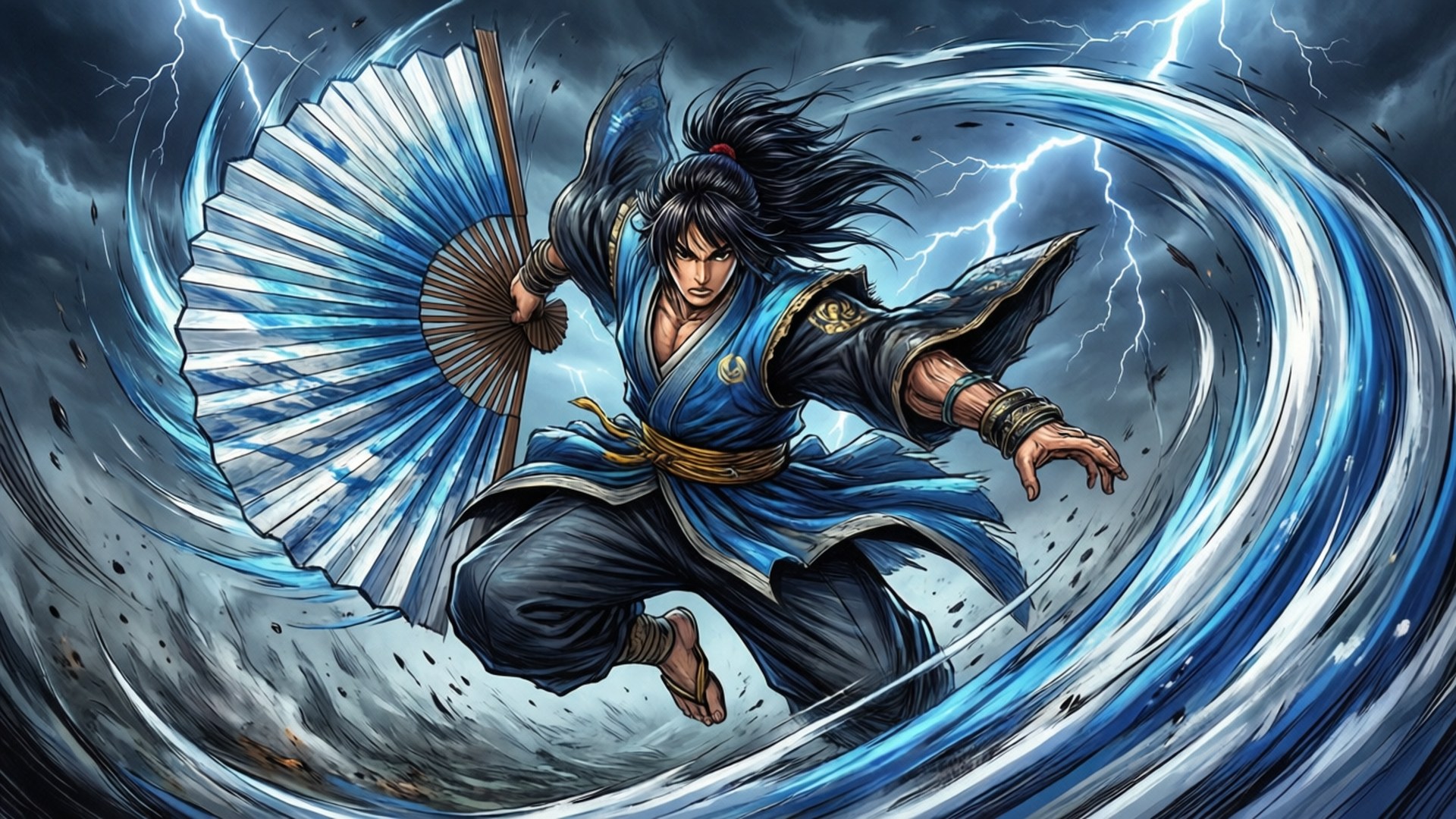 Storm Summoner 壁紙 — 一位身穿藍色長袍的戰士在旋轉的風暴雲和閃電中揮舞扇子。