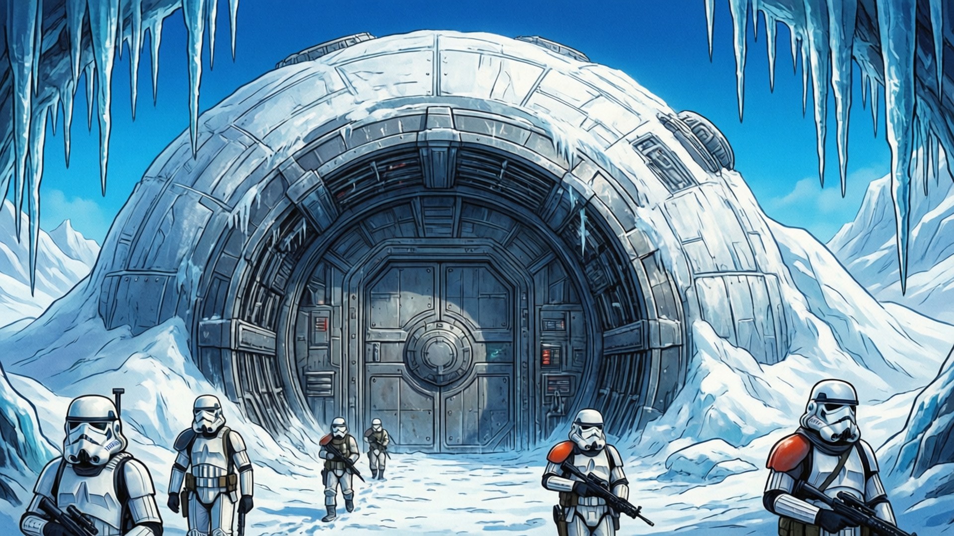 暴風兵站在雪地中一扇巨大的冰門前。
