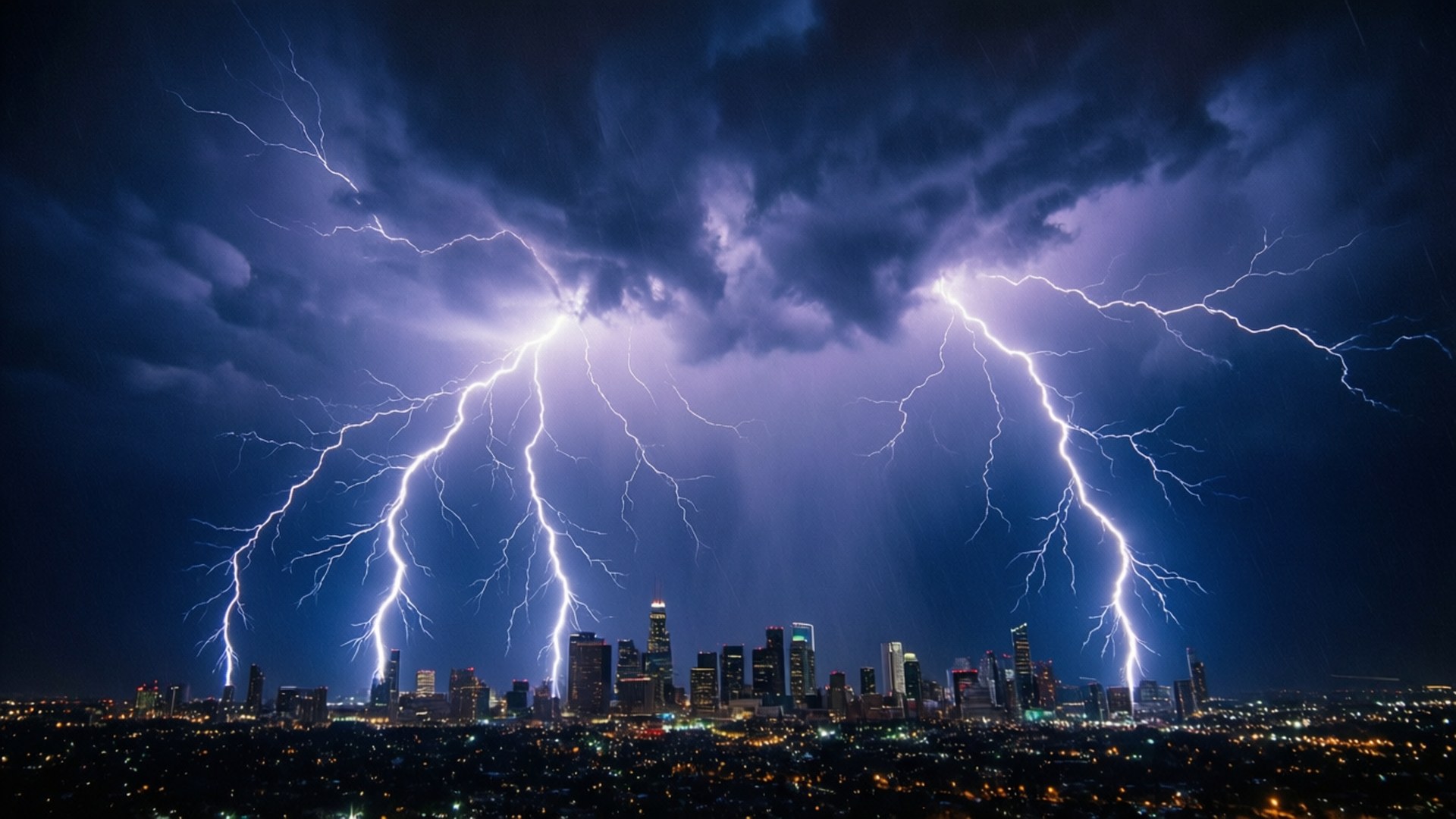 兩道明亮的閃電照亮了黑暗暴風雨天空下的城市天際線。