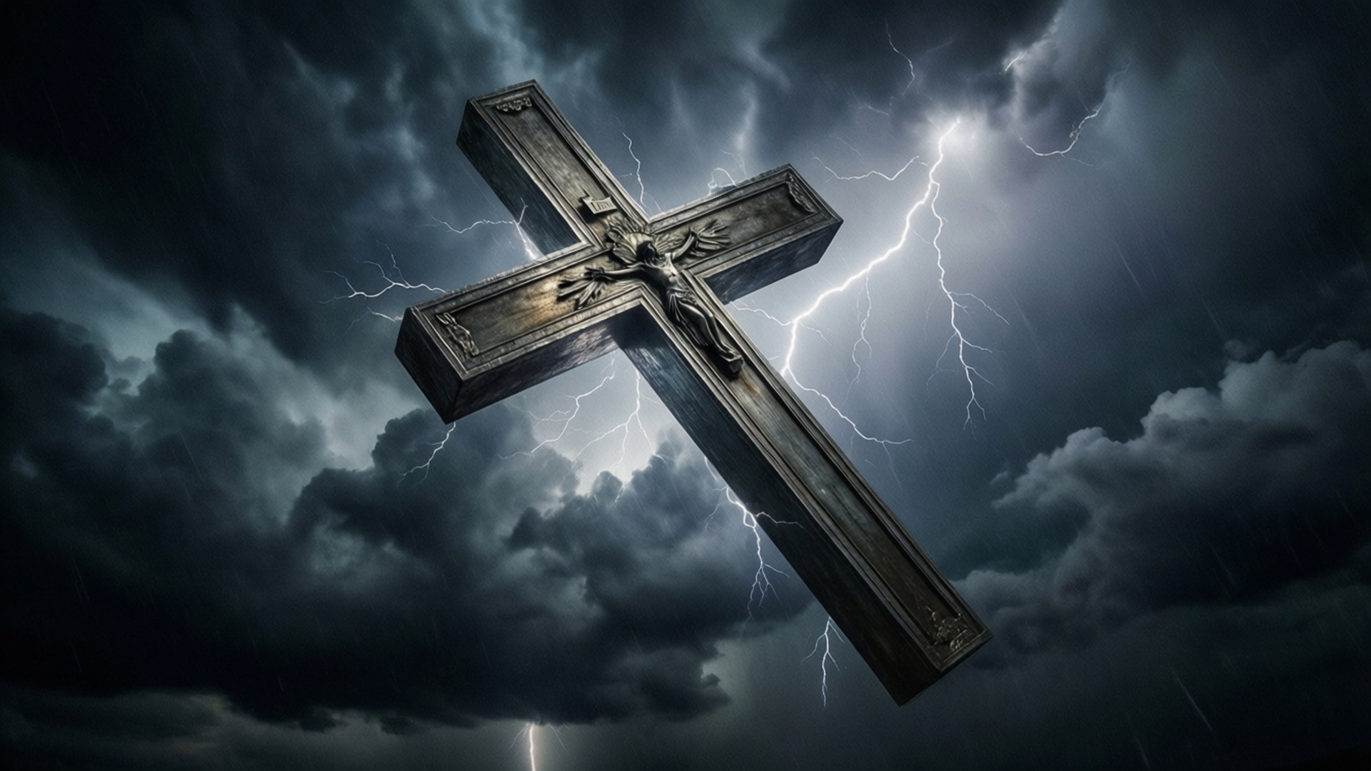 A wooden cross with a crucified figure amid a thunderstorm with lightning. 壁紙