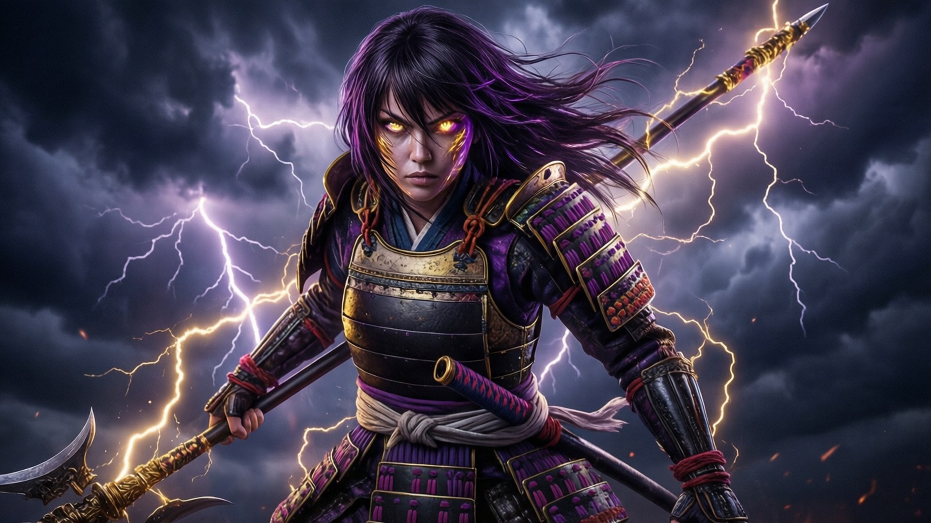 擁有發光眼睛和紫色頭髮的武士，在閃電風暴中揮舞兩件武器。
