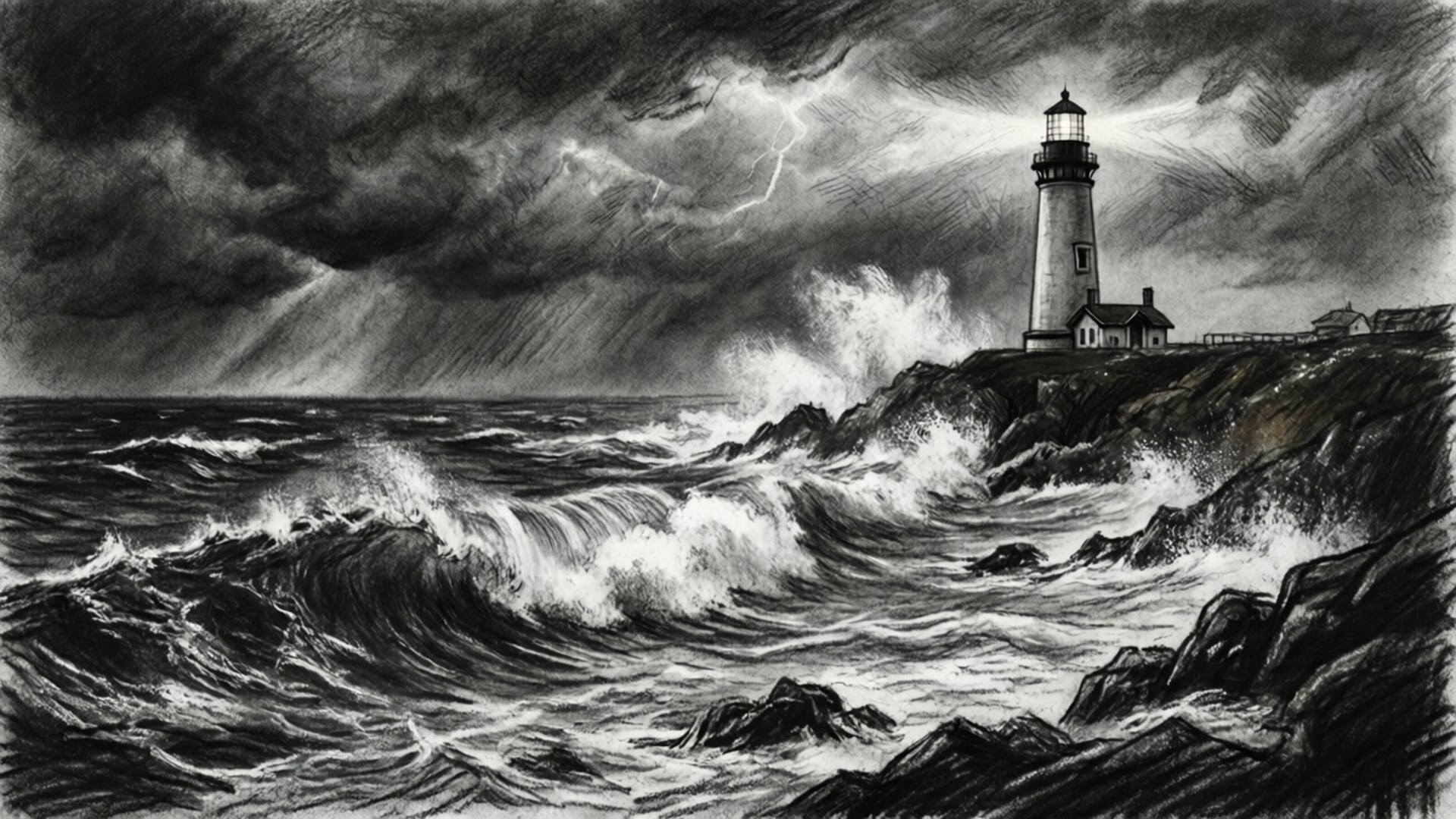 燈塔在詳細的黑白素描中抵禦暴風雨的大海和閃電