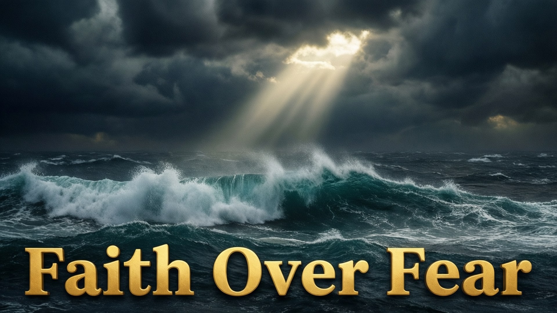 暴風雨海洋，洶湧波浪，金色陽光，文字 faith over fear