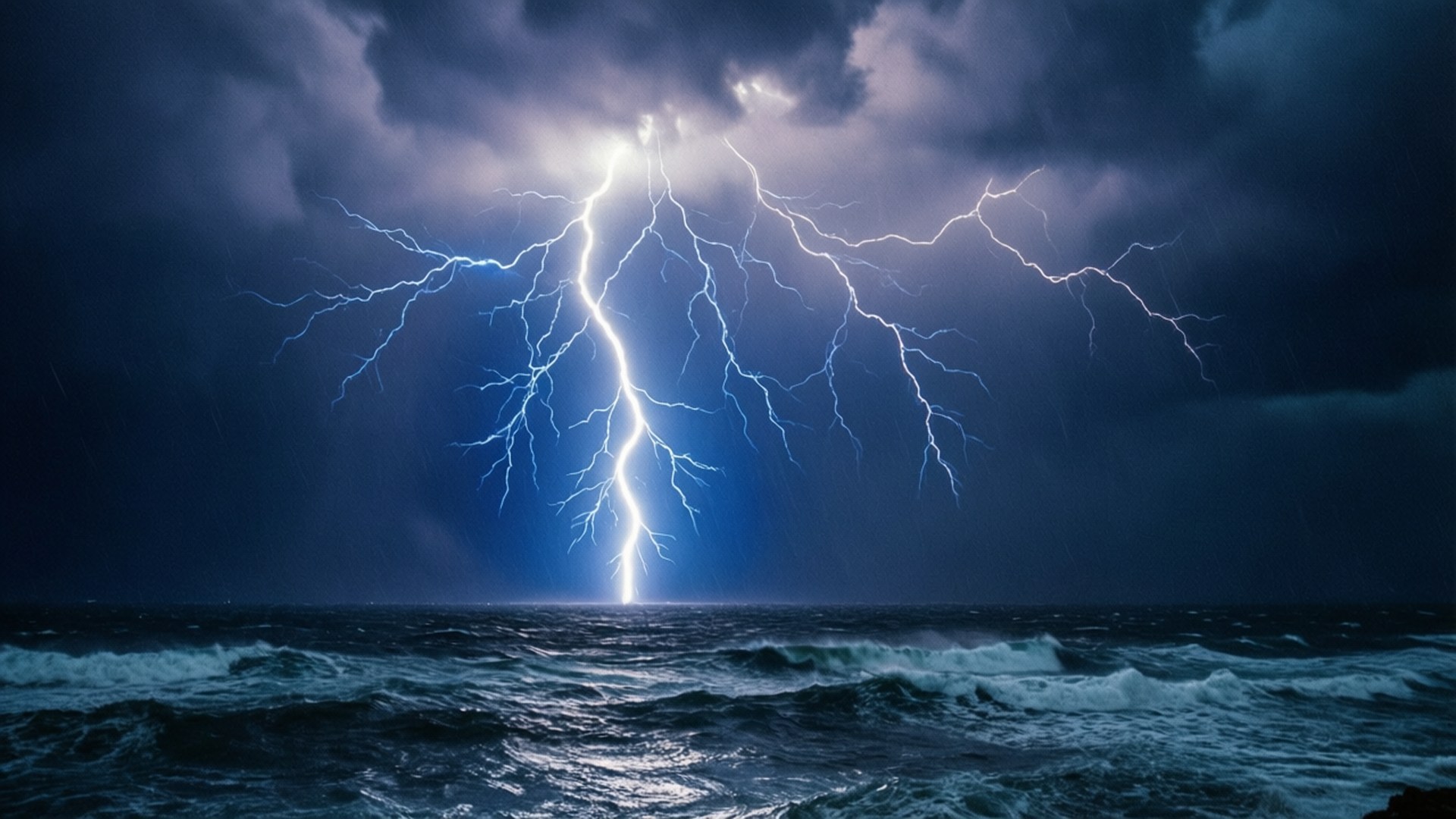 閃電擊中海面，在黑暗的暴風雨之夜。