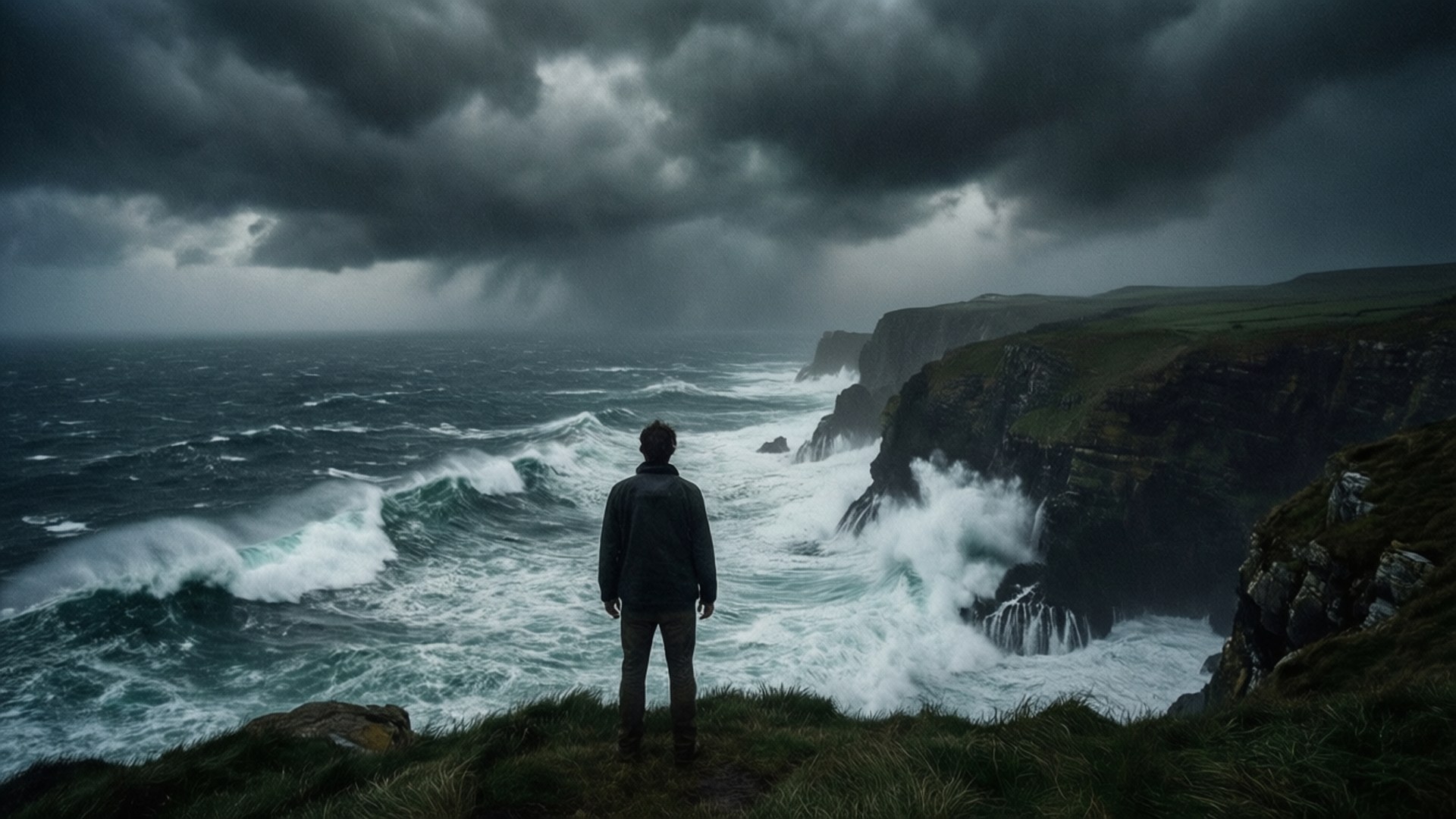 Person standing on cliff watching stormy ocean waves crash below. 壁紙