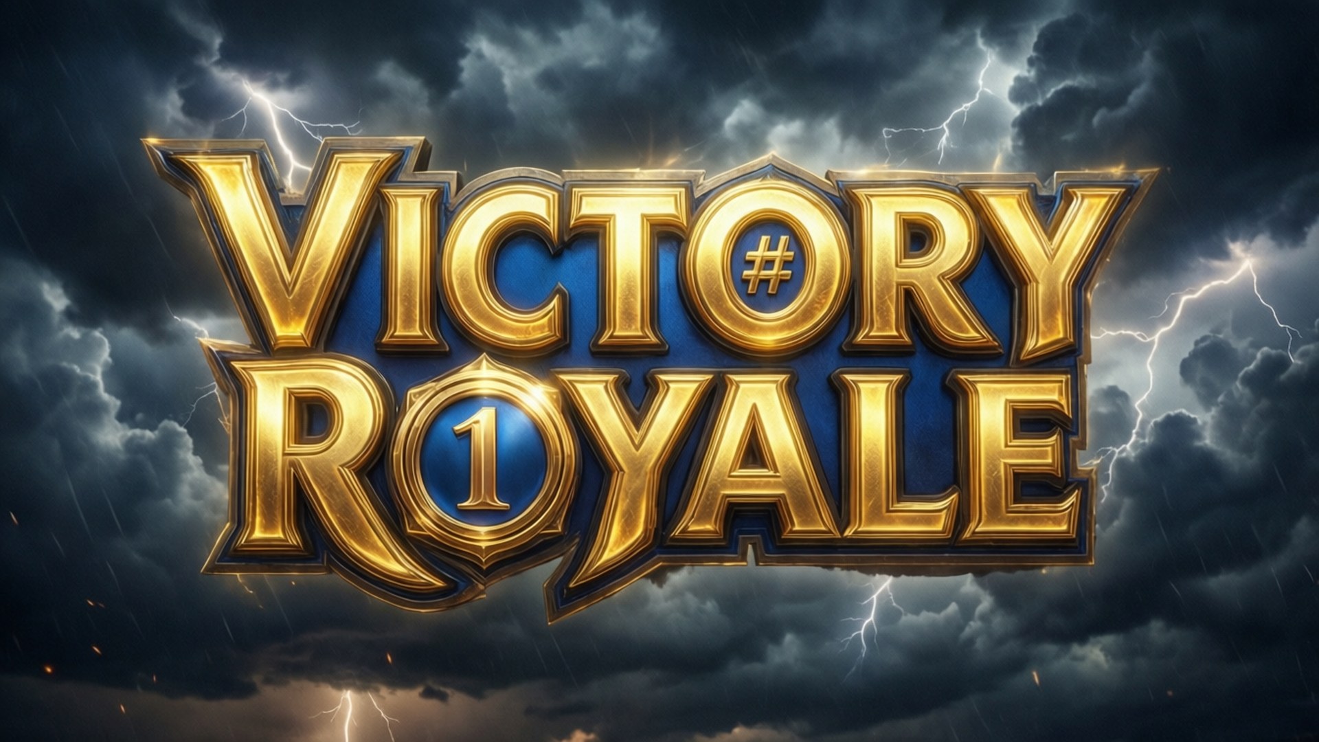 金色嘅Victory Royale文字喺有閃電嘅暴風雨天空下發光。
