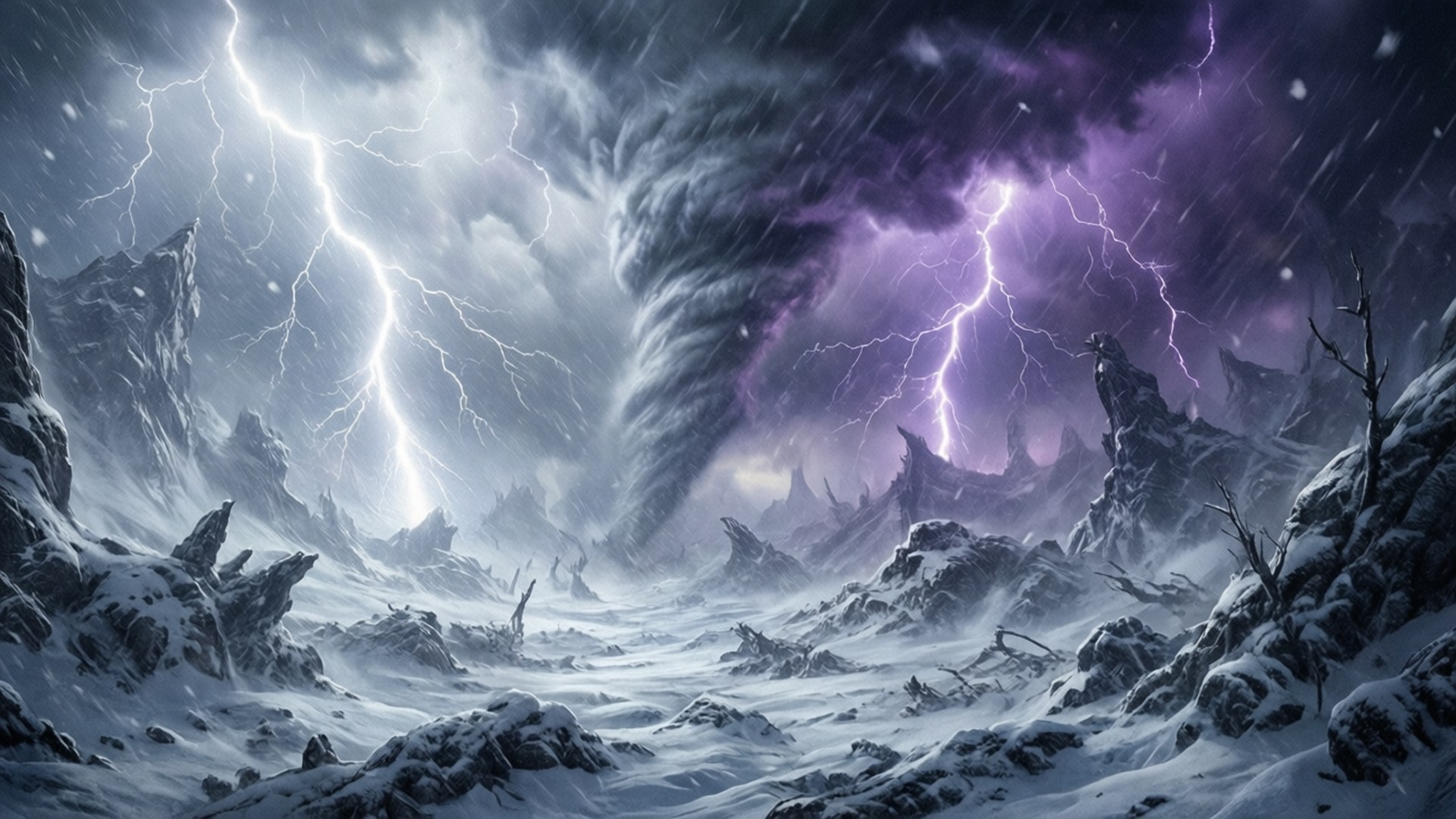 Wither Storm 桌布 壁紙 — 暴風雪冬季景觀，鋸齒狀的積雪岩石在紫色閃電和旋轉的黑暗龍捲風下。