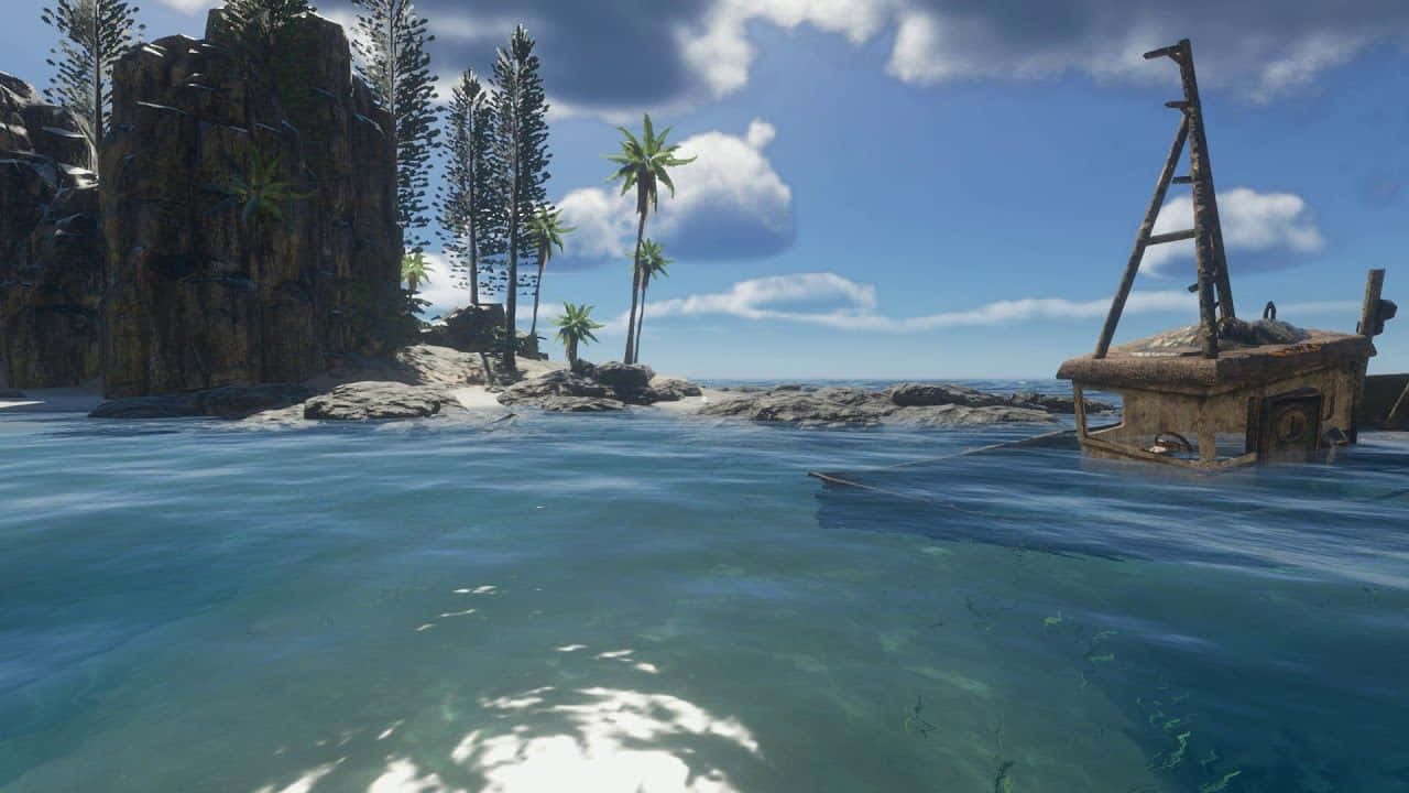 熱帶島嶼，有棕櫚樹和沉船，在清澈的藍色海水中。