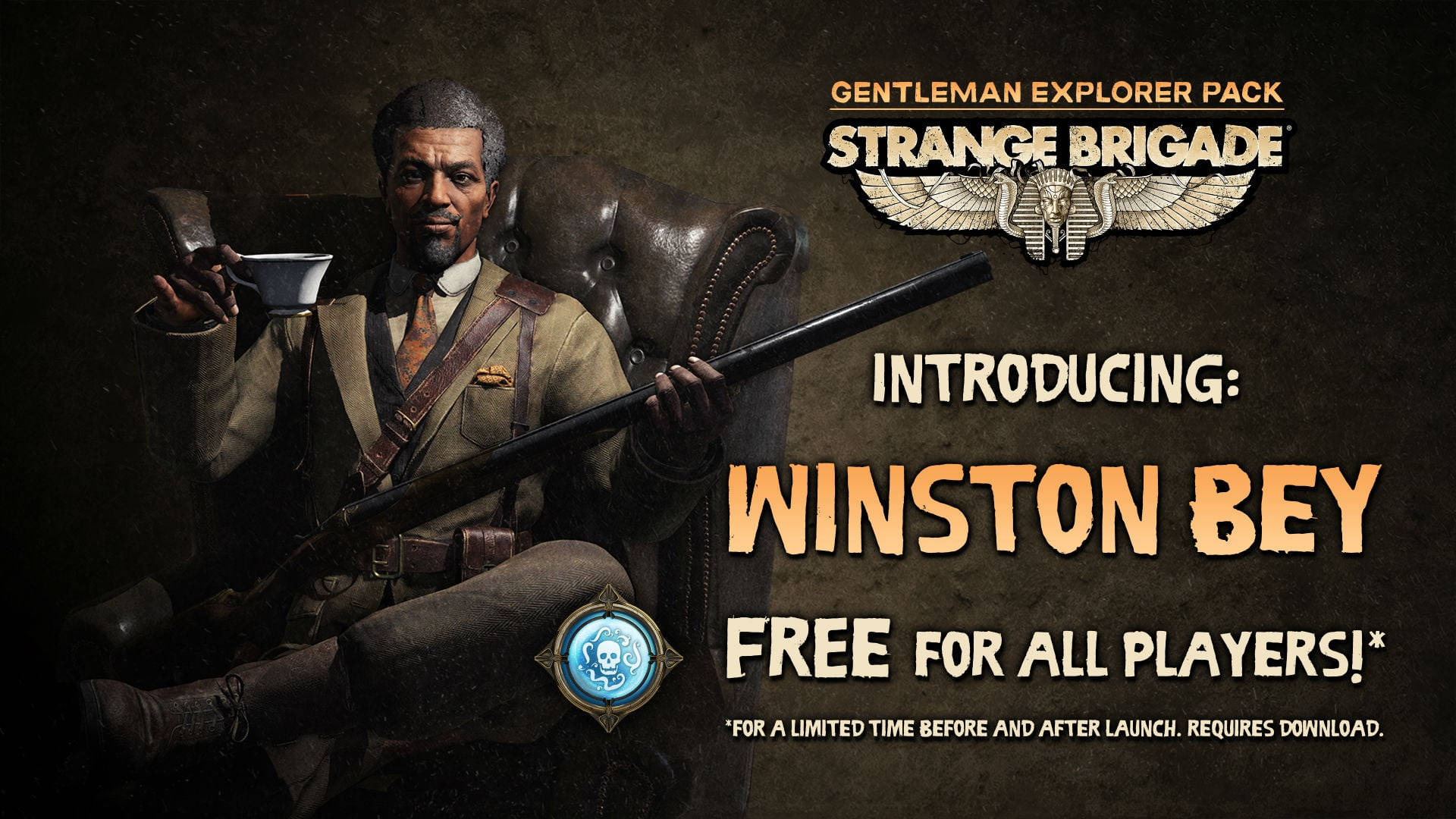 《Strange Brigade》溫斯頓·貝伊 壁紙 — 一位強壯的紳士探險家坐在皮椅上，在昏暗的房間裡拿著步槍和茶杯。
