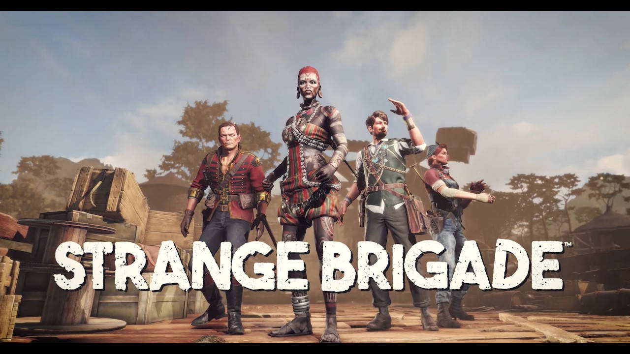 Strange Brigade 全角色 壁紙 — 四個冒險角色穿著堅固裝備，自信地站在陽光普照的質樸戶外環境中的木製平台上。