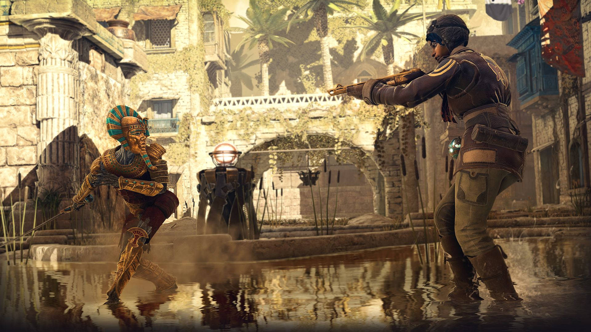 《Strange Brigade》賽特基的亡靈 壁紙 — 一名身穿沙漠裝備的士兵，在陽光明媚的古老廢墟中，用步槍瞄準一個涉水而過的骷髏木乃伊戰士。
