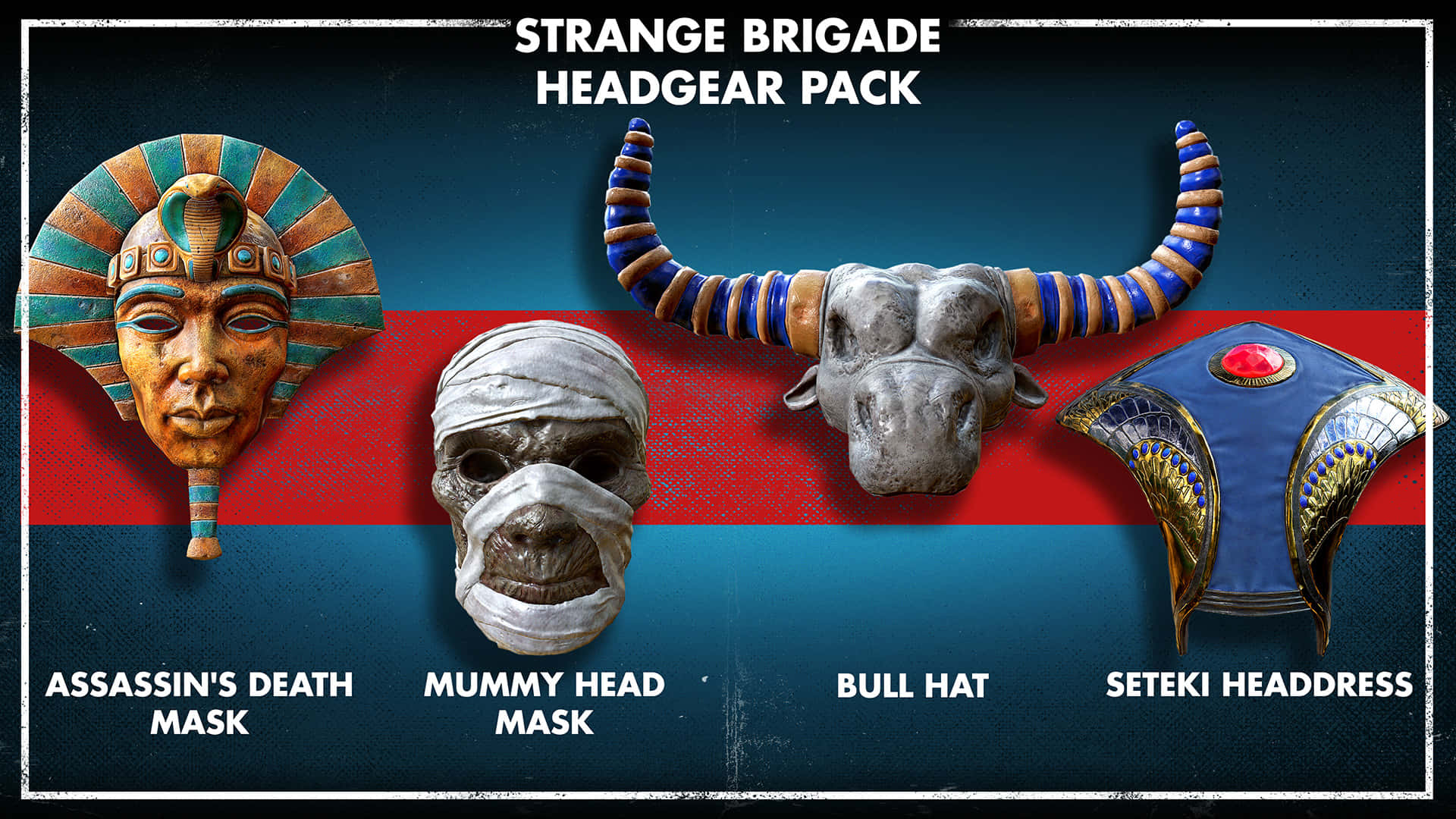 《Strange Brigade》冒險的壯觀呈現 壁紙 — 四個古埃及主題頭飾物品，展示在紅藍條紋背景上，並帶有遊戲標題文字。