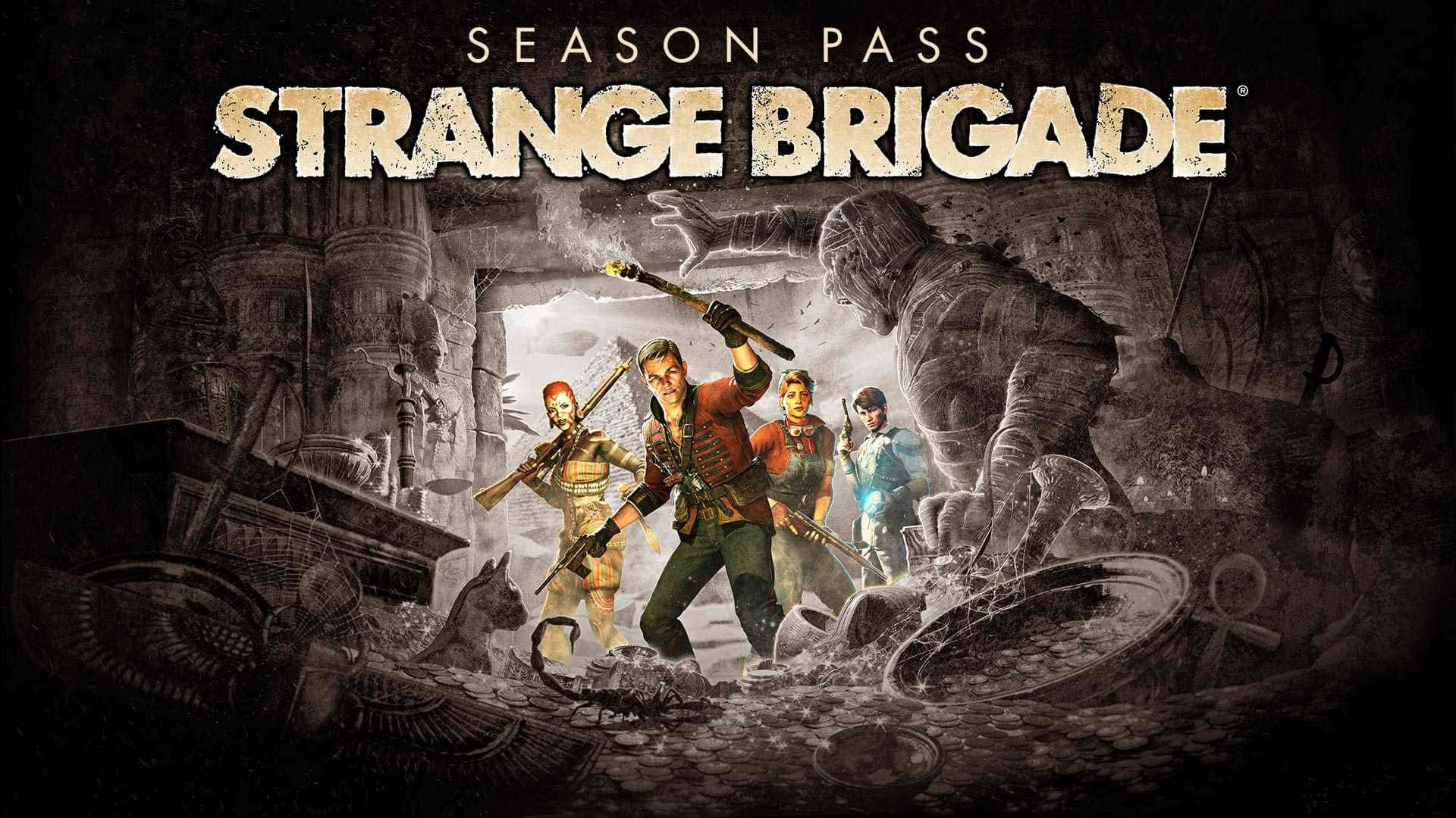 《Strange Brigade》季票背景 壁紙 — 四位冒險者在充滿象形文字和寶藏的黑暗埃及古墓中與怪獸般的遠古敵人戰鬥。