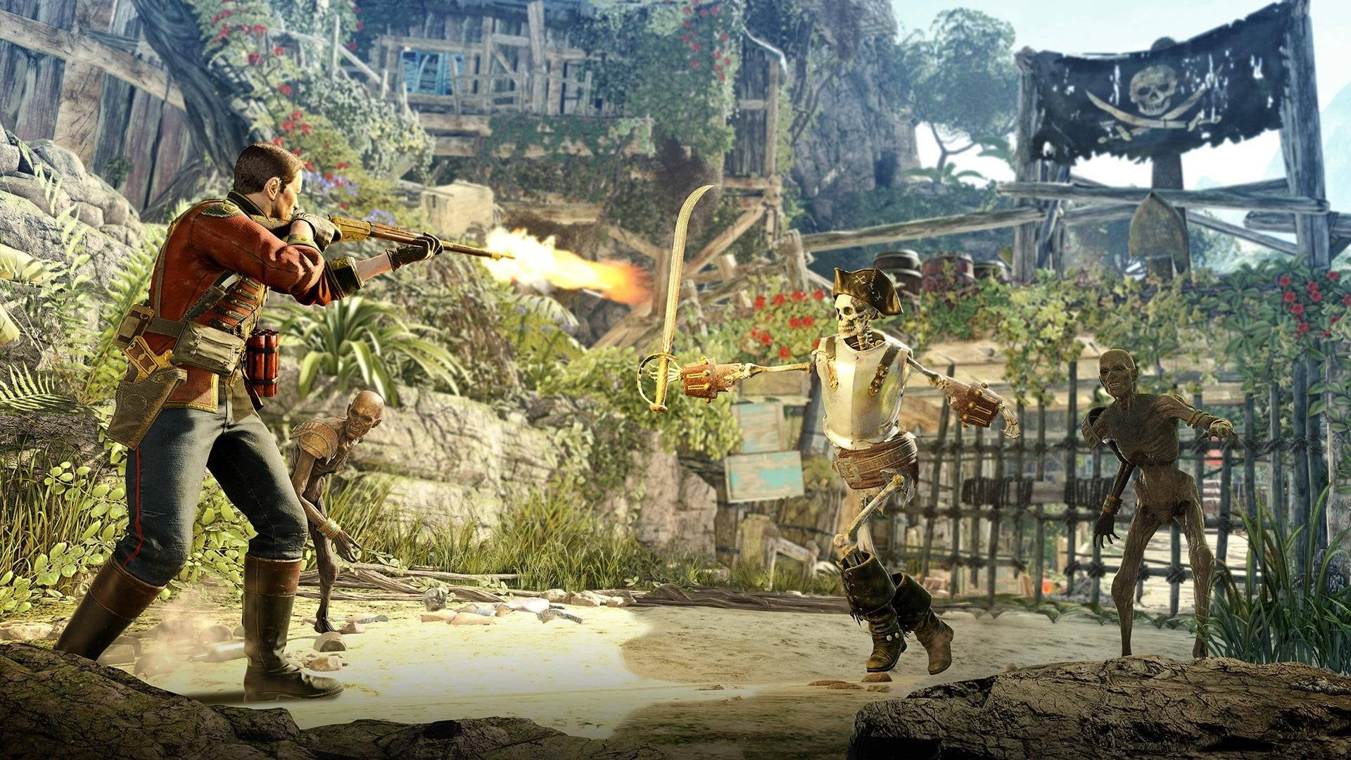 Strange Brigade 恐怖海盜提比利安 壁紙 — 一名海盜射手在茂密的叢林海盜堡壘中向骷髏海盜發射燃燒的手槍。