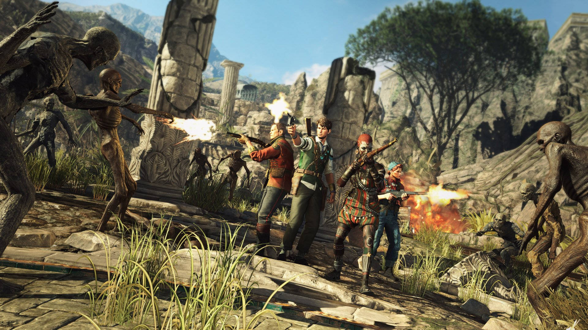 《Strange Brigade》隊員被殭屍包圍 壁紙 — 一群冒險者在陽光照耀的廢墟中，對著骷髏敵人發射燧發手槍，周圍有古代柱子和岩石地形。