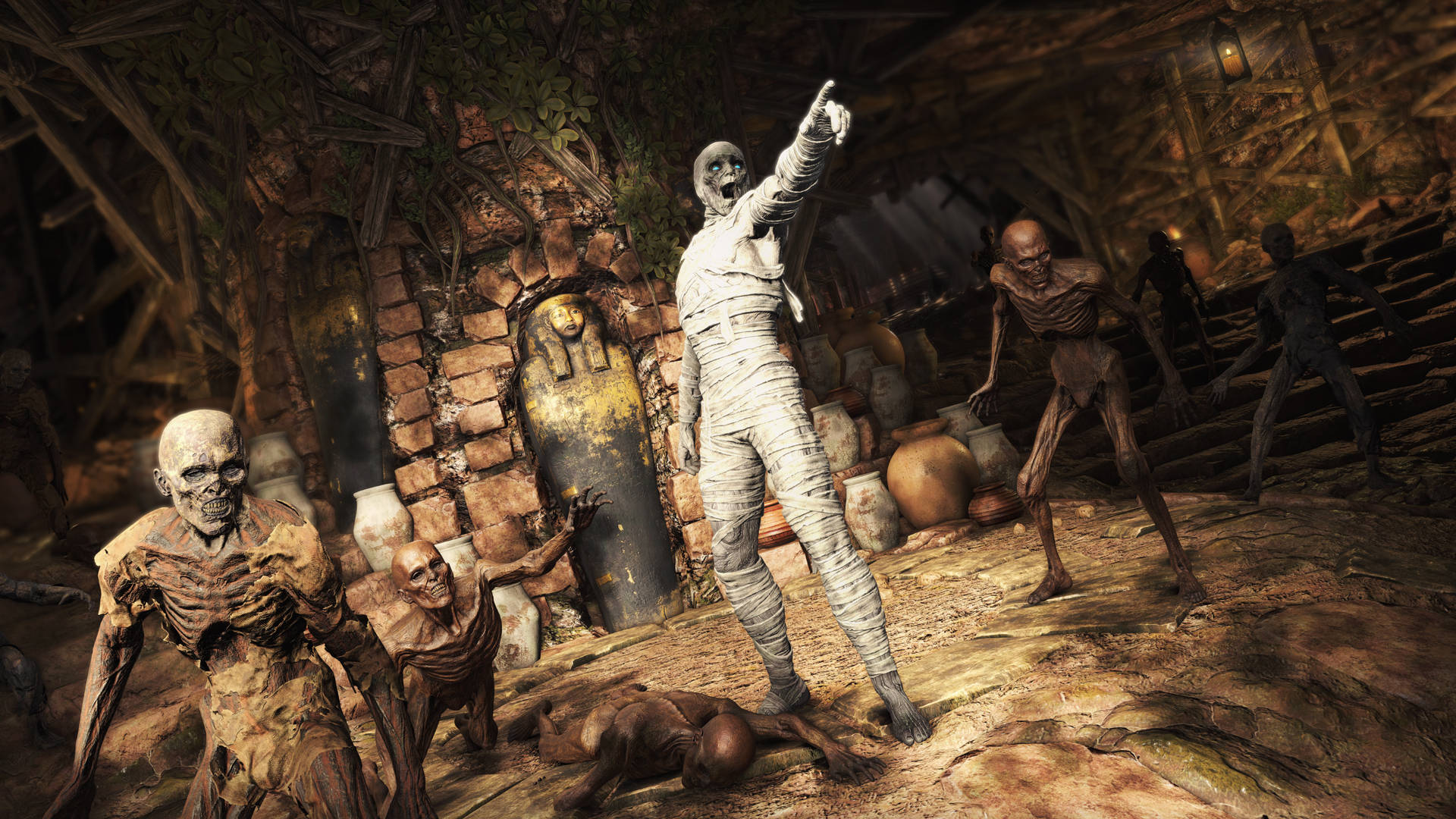 Strange Brigade 不死木乃伊 壁紙 — 一具木乃伊化的人物戲劇性地指著，而亡靈骷髏從一座 crumbling 的古墓中出現。