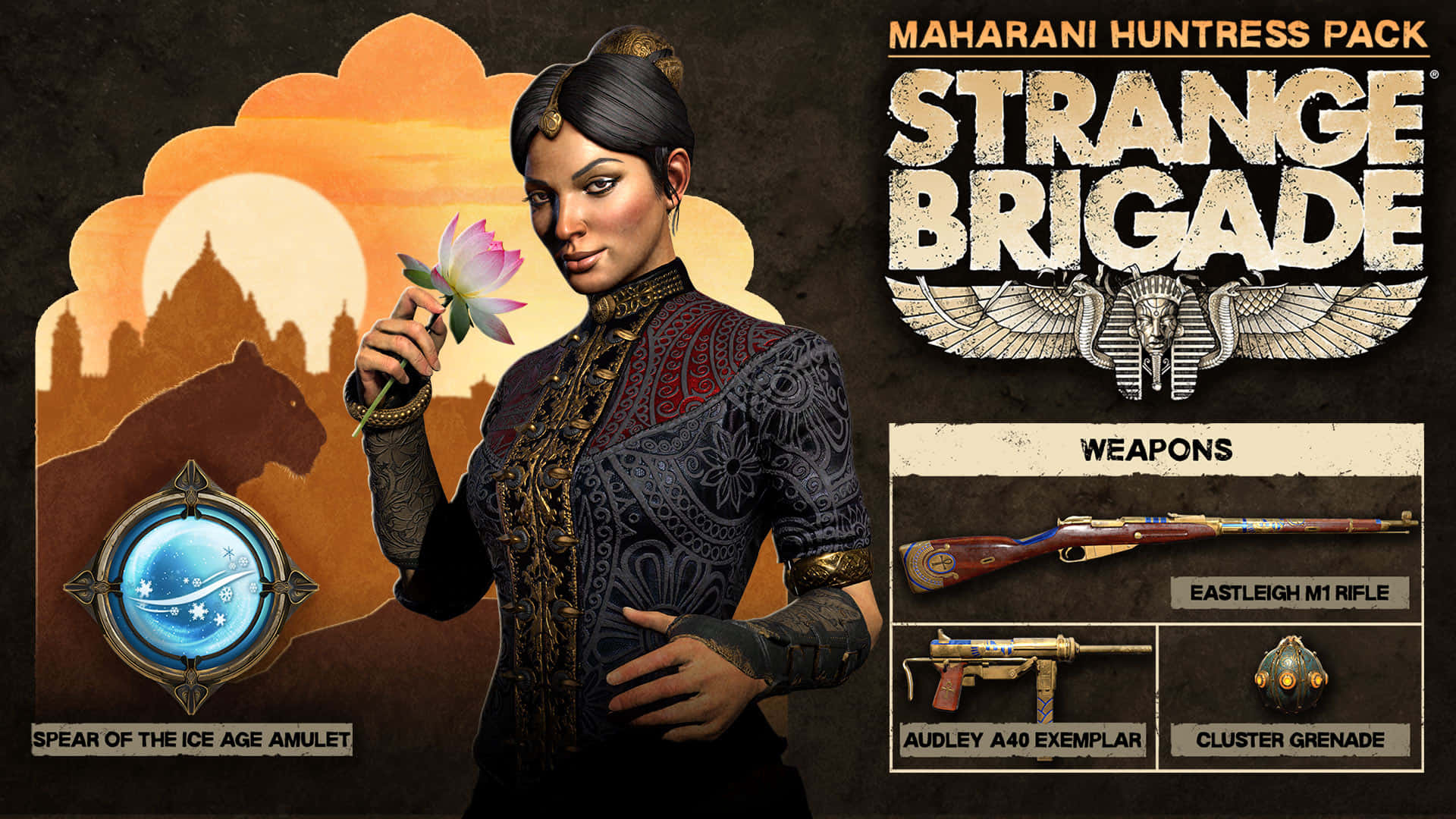 Strange Brigade 准備迎接下一次冒險 壁紙 — 一個風格化的遊戲角色在夕陽背景下手持粉紅色蓮花，背景有宮殿輪廓和武器展示。