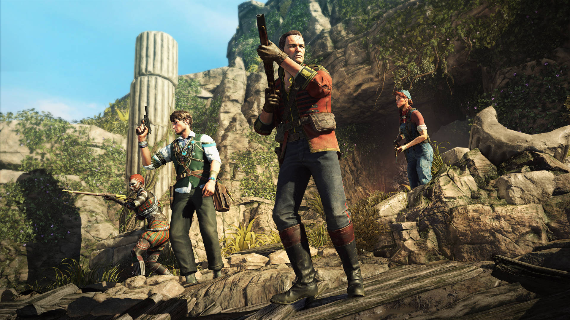 《Strange Brigade》戰鬥準備就緒 壁紙 — 四位冒險者身著堅固裝備，在岩石地形上警覺地站立，周圍有古老的石柱和茂密的叢林葉片，在明亮的日光下。
